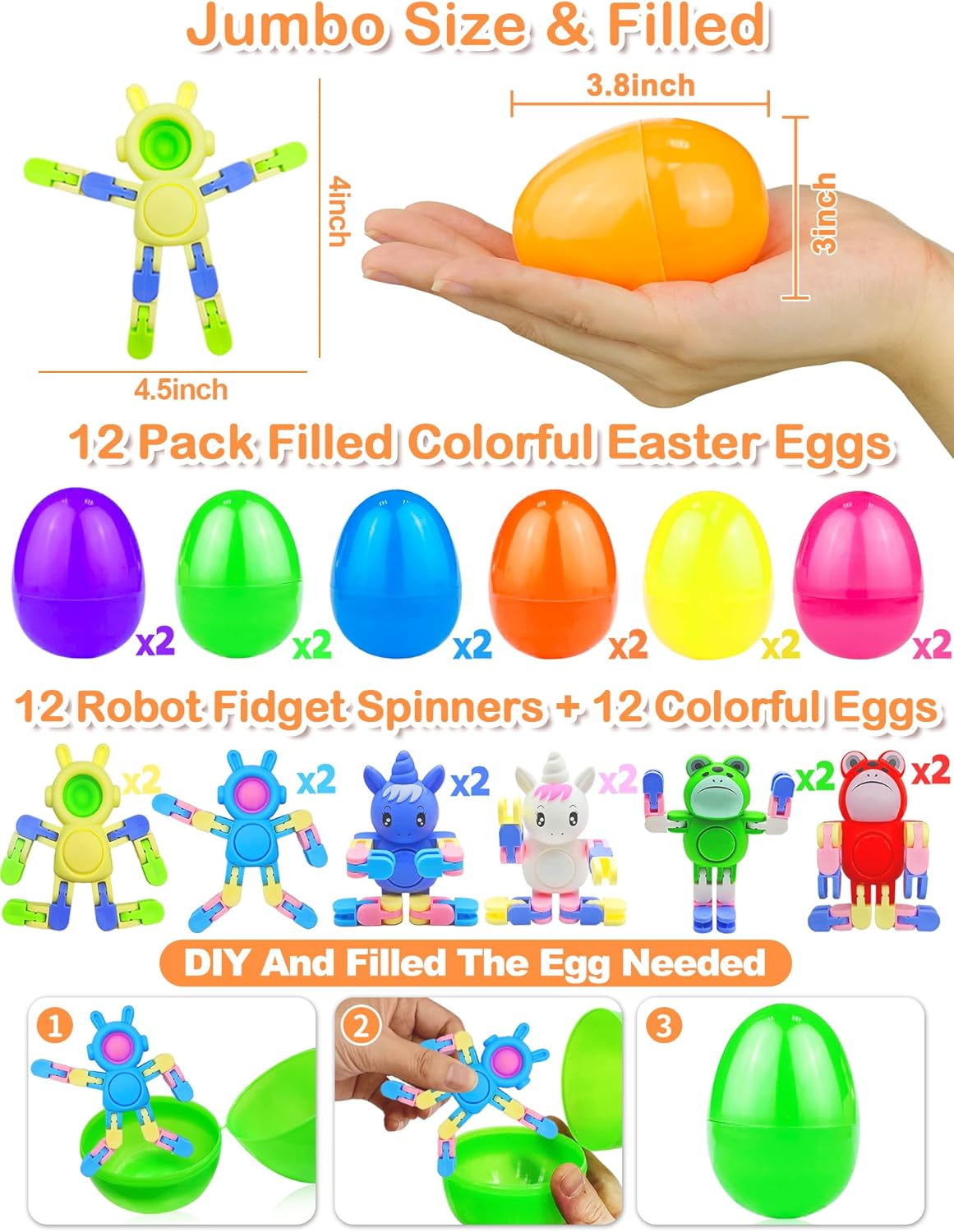 12 Pack 3.8'' Jumbo Filled Easter Eggs with Toys Transformable Animal Bunny Unicorn Fidget Spinners ,Easter Basket Stuffers Filler Essential Gifts for Kids Toddler Teens Stress Relief Party Favor Hunt - Image 2