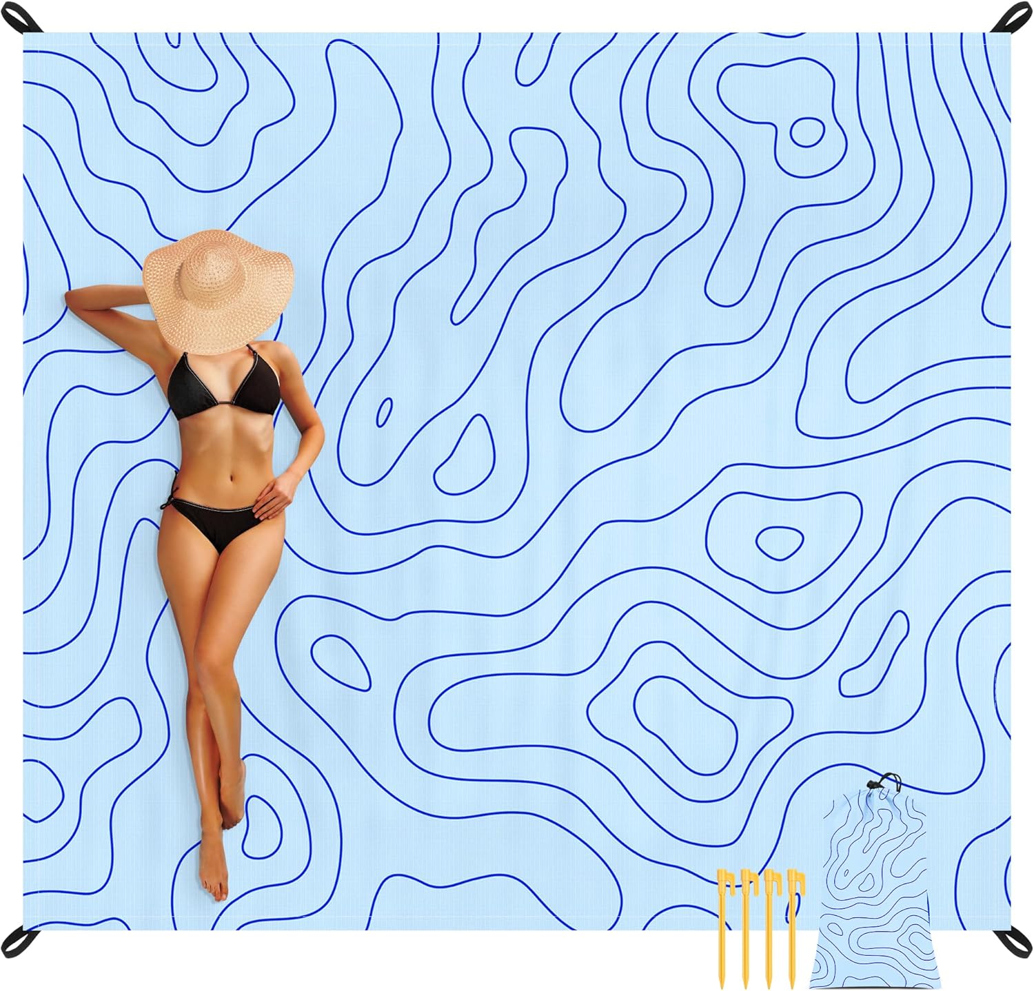110''×118'' Beach Blanket for 2-8 Adults, Polyester Waterproof Sandproof Beach Mat with 4 Stakes & Storage Bag, Oversized Compact Foldable Blue Outdoor Pocket Blanket for Picnic, Travel, Camping