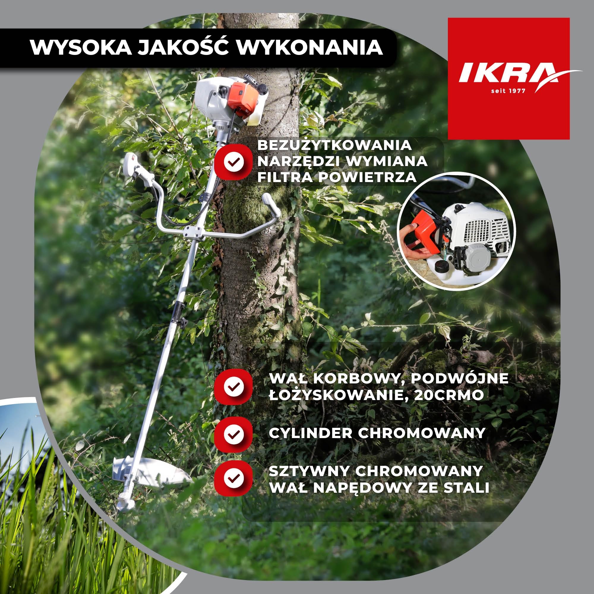 IKRA Podkaszarka spalinowa IBF 43 szeroki zestaw akcesoriów 42,7cm³ 1,1 kW | Kompletny zestaw: nóż 3-zębny, szpula, osłona, pas Profi, silnik 2-suwowy, Easy Start i uchwyt rowerowy