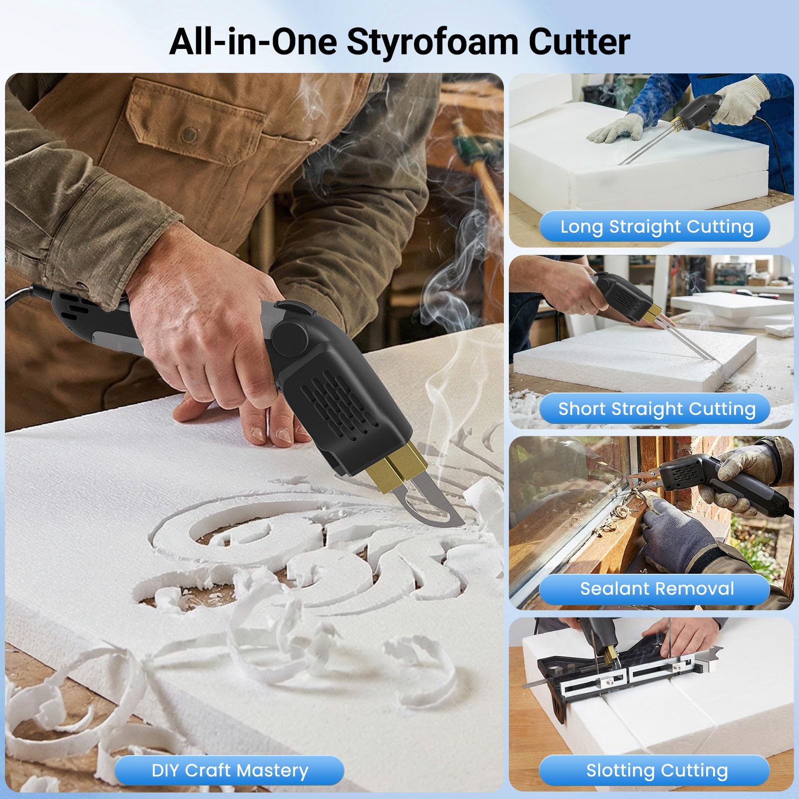 300W Styroporschneider Elektrische, Heißschneider für Seile, (50-600℃) Temperatur Einstellbar, Styrocutter mit 5 Klingen, Kühlsystem, für Styropor, EPS, KT Board, Seilgewebe, Schaumstoff