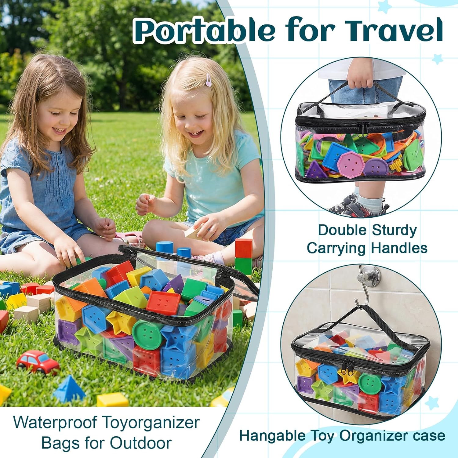 10 PCS Toy Storage Bags, 9.8×7×4.7 Inch Clear Toy Storage Bags with Zipper PVC Bulk Clear Travel Pouch with Handle Reusable for Building Blocks, Puzzles, Books and Board Games Organization