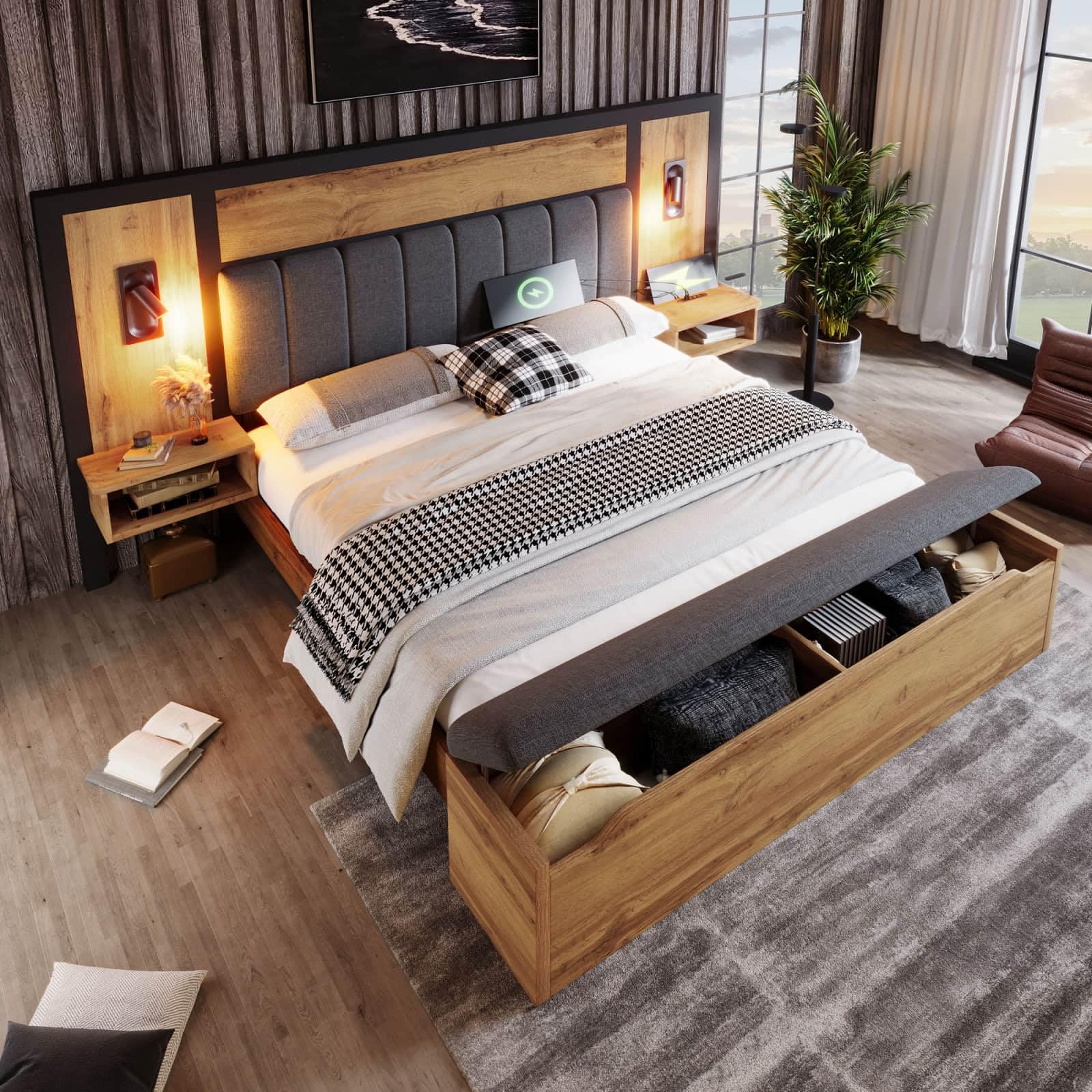 EURHCIO Lit Double 180x200cm,Lit en Bois avec Banc Rangement et 2 Tables de Chevet,Lampes de Lecture et Port USB,Sommier à Lattes Métal,sans Matelas (180x200-B)