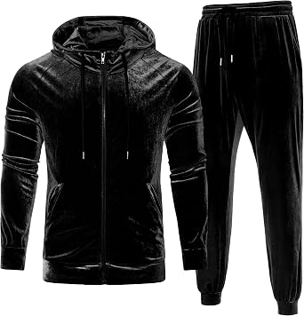 LecGee Mens 2 Piece Velvet Tracksuit Full Zip Turtelneck Hooded Jacket and Casual Jogger Pants Matching Velour Sweatsuit Set