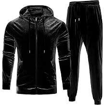 LecGee Mens 2 Piece Velvet Tracksuit Full Zip Turtelneck Hooded Jacket and Casual Jogger Pants Matching Velour Sweatsuit Set