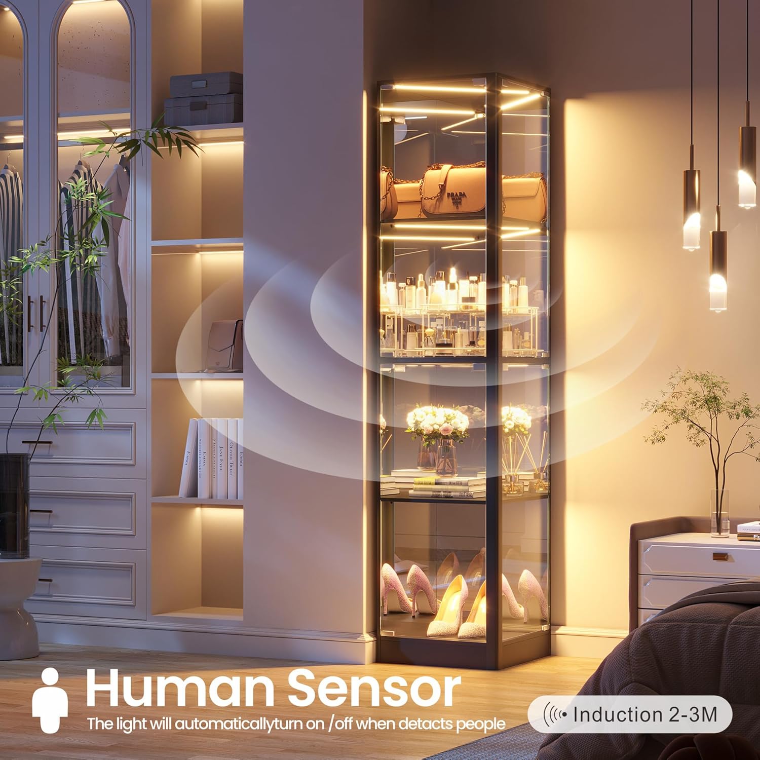 Glass Display Cabinet with RGB Lights- 68" Display Case with 4-Tier Shelfs, Corner Curio Cabinets for Collectibles/Toys/Books, LED Storage Cabinet, Black