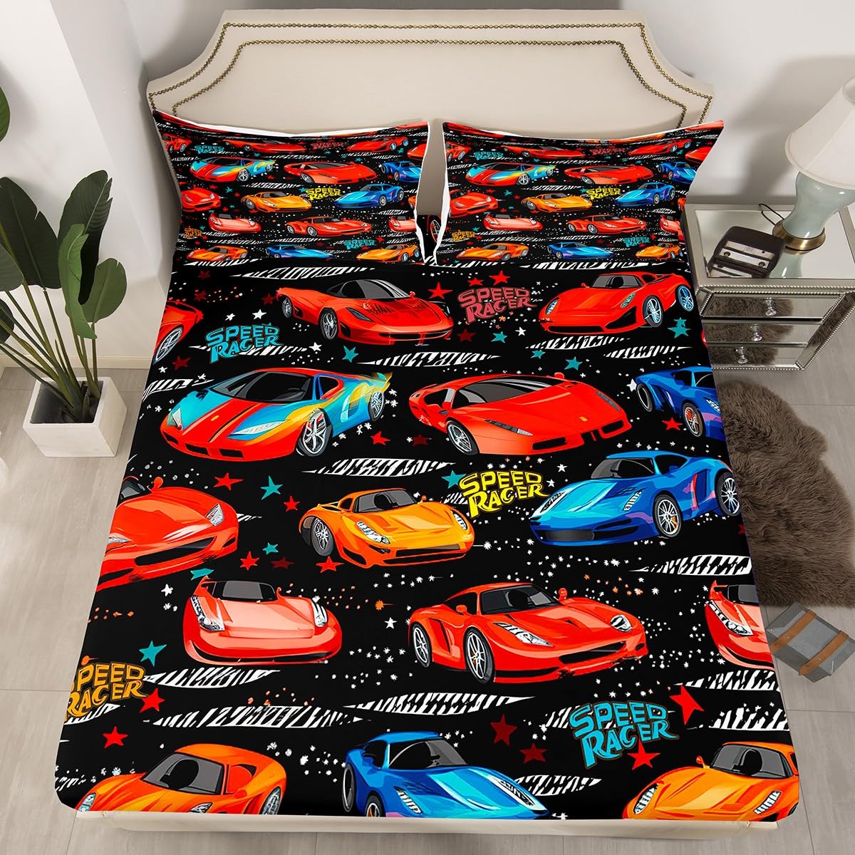 Race Car Fitted Sheet Set for Teens and Kids - Twin Size Sports Bedding With 2 Sheets and 1 Pillow Case - Speed Racing Theme for Boys and Adult