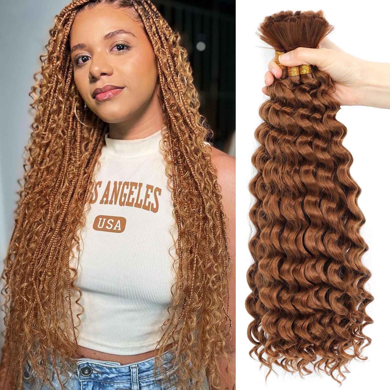 BLTYXT Deep Wave Bulk Hair 24 Inch 6 Bundles Synthetic Braiding Hair Curly Crochet Hair Boho Braids Natural Color for Hair Extensions (30