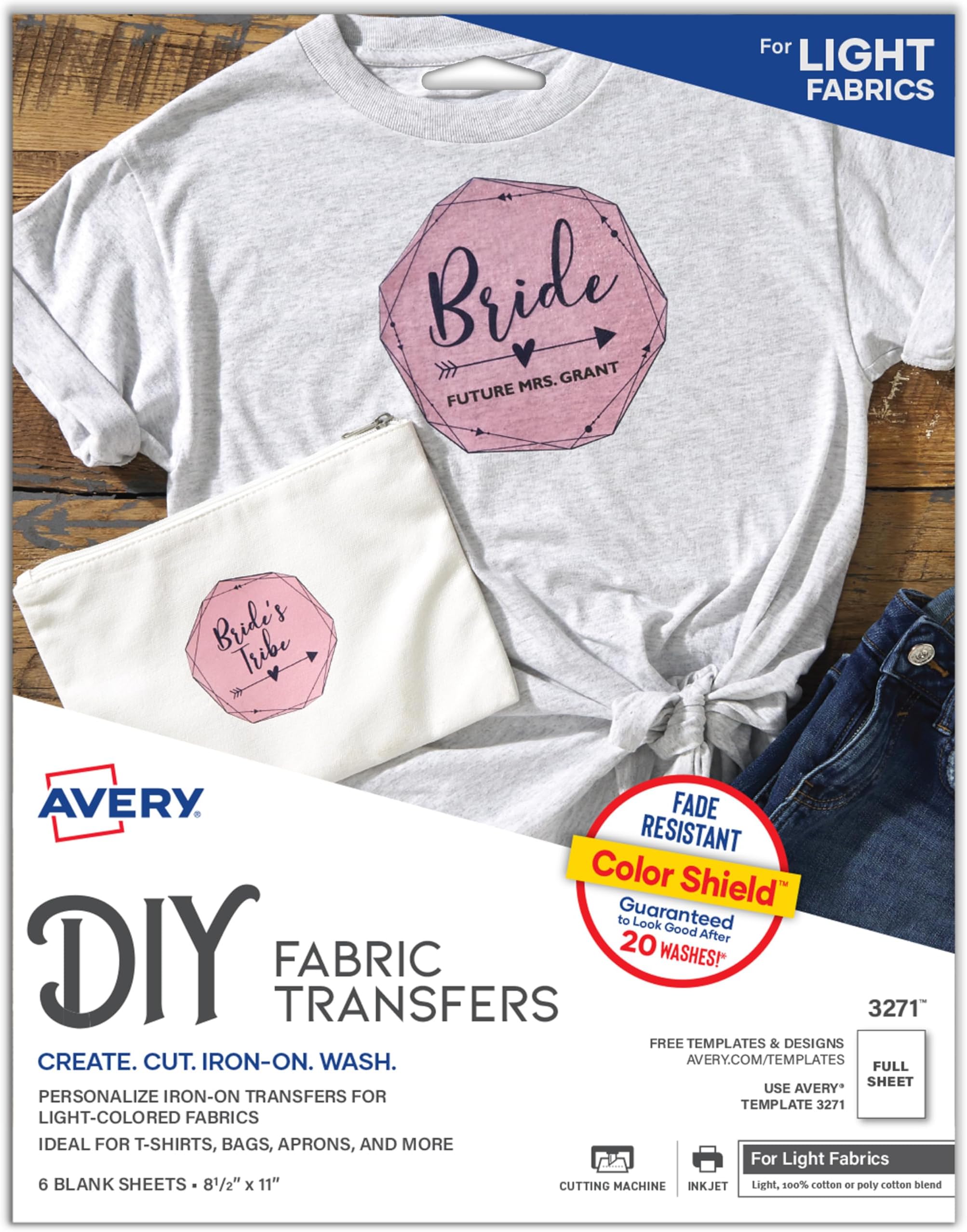 Avery Printable Heat Transfer Paper for Light Fabrics, 8.5" x 11", Inkjet Printer Compatible, 6 Sheets of Iron On Transfer Paper, Great for Custom Shirts, Uniforms, Gifts, and More (3271)
