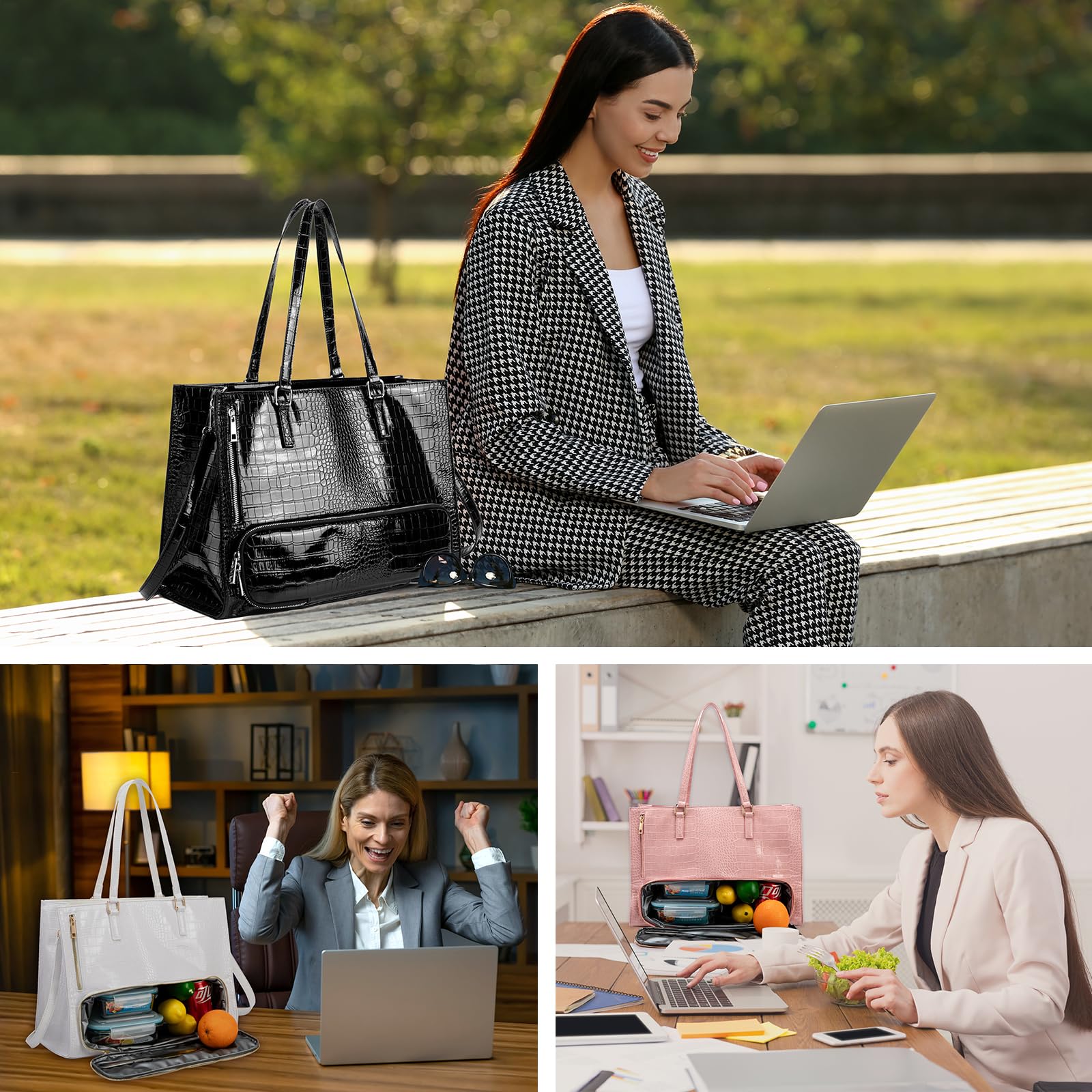 ROYALFAIR Bolsa de almuerzo para mujer, 2 en 1, con compartimento de refrigeración y bolsa para el ordenador portátil de 15,6 pulgadas, gran bolsa de trabajo para oficina, trabajo y universidad (negro