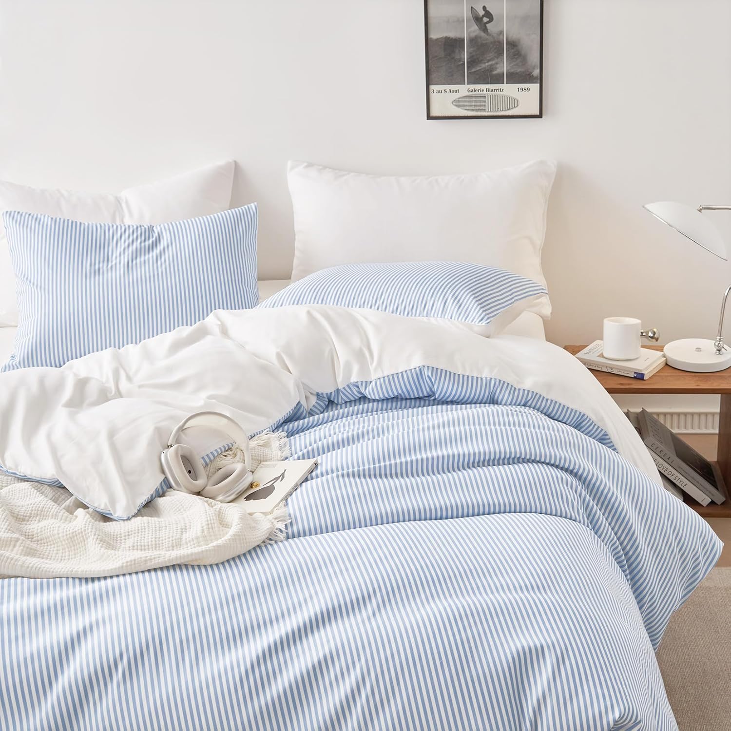 Wake In Cloud - Striped Comforter Set with Sheets, Ticking Stripe Vertical Pinstripe Neutral Farmhouse Pattern Printed, 7 Pieces Bed in a Bag, Blue White, Queen Size - Image 3