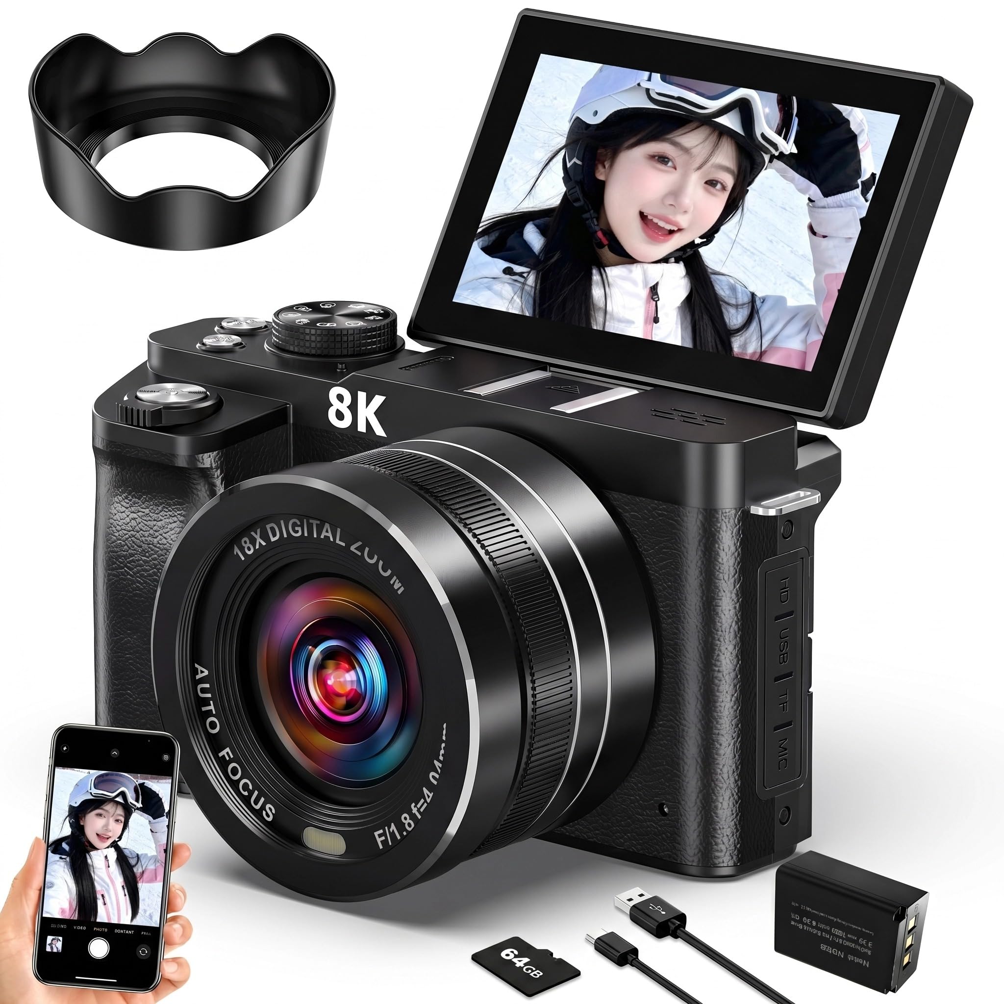 一眼レフカメラ 8K 8800万画素 デジカメ WIFI転送機能 スマホに送れる デジタルカメラ 18倍デジタルズーム AFオートフォーカス LEDライトウェブカメラ 180度回転可能 3.0インチ IPS スクリーン 自撮り 64GBマイクロSDカード付き 2500mAHバッテリー 付き 操作簡単 子供や初心者向け