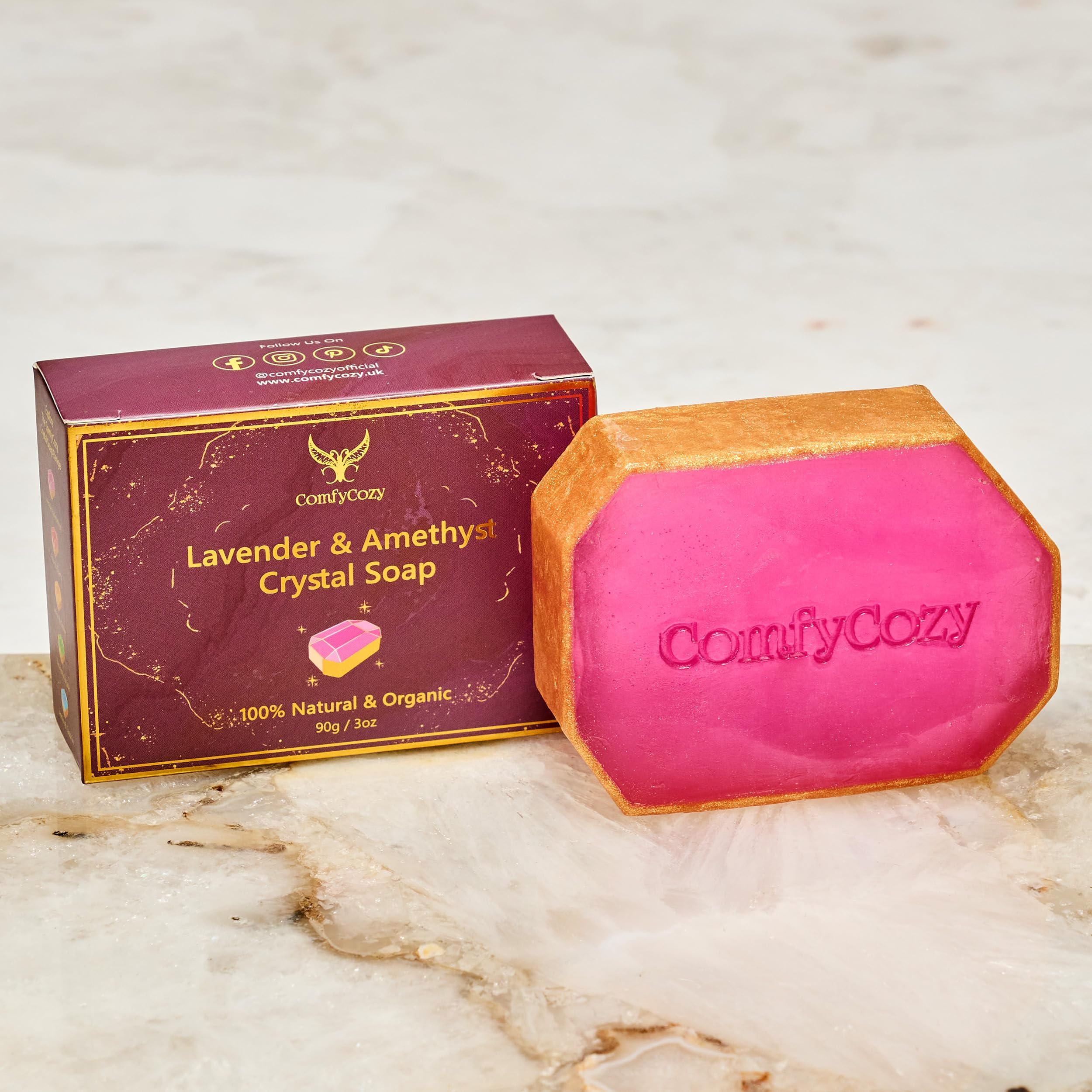 ComfyCozy Lavender Crystal Soap Bar - 100% Natural Organic Hand Body Soaps Bars - Luxury Aromatherapy Skincare Acne Gift Essentials for Bath Beauty Women Mother Him Her Gifts Set Birthday Ideas - 90g
