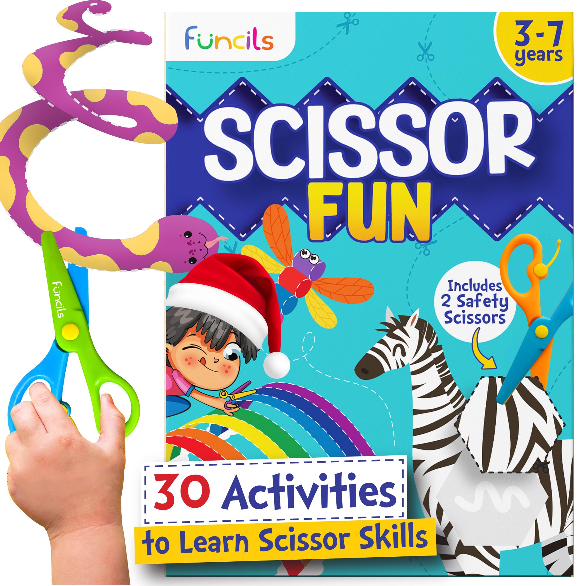 Toddler Scissor Skills - Art Supplies & Crafts Kit for Kids, Safety Scissors, Fine Motor Toys, Stocking Stuffers, for Boys & Girls Ages 3, 4, 5, 6, 7 Year Old, Activity Books 30 Activities - 2 Books