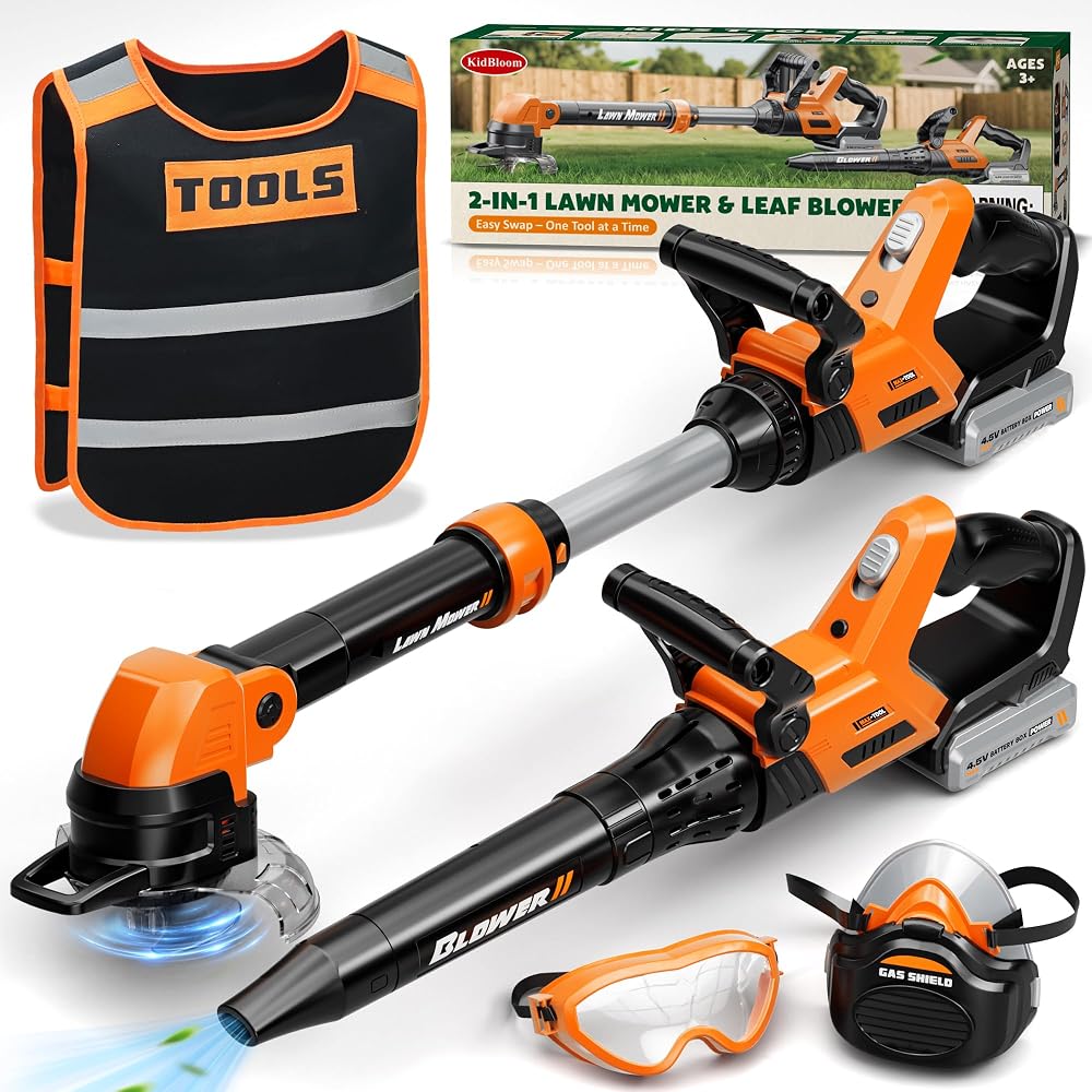 KidBloom Kids Tool Set, 2-in-1 Kids Leaf Blower & Kids Weed Wacker Toy | Kids Gardening Tools with Vest, Outdoor Play Toy Tools with Lights & Sounds, Christmas Birthday Gifts for Boy 3 4 5 6 7 8+