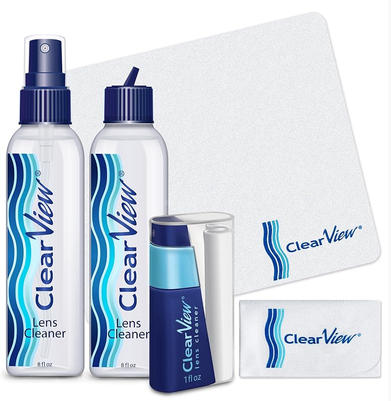 Clear View Lens Cleaner Kit, 2 x 8oz Bottles Plus Travel Spray Set | Includes 1 travel spray (1 oz) and 3 premium microfiber cloths, safe for all lenses, coatings, screens and devices daily