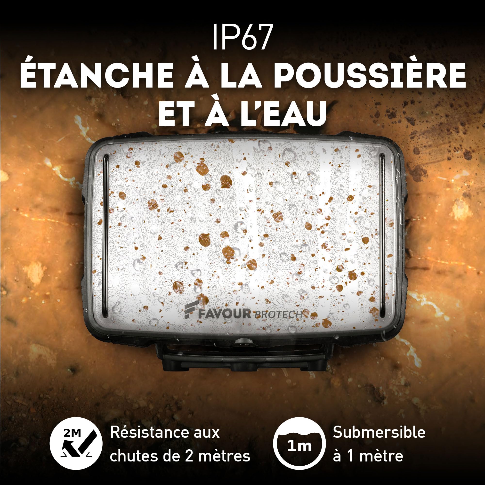 Favour Projecteur Chantier LED Rechargeable - 1600lm - IP67 Résistant à l'Eau & Poussière - Lampe de Chantier Rechargeable, Portable, Batterie par USB - Aimant Puissant, Antichoc