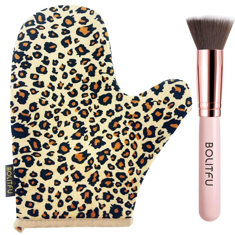Kit BOLITFU com luva e pincel para autobronzeador, estampa leopardo, pacote com 2