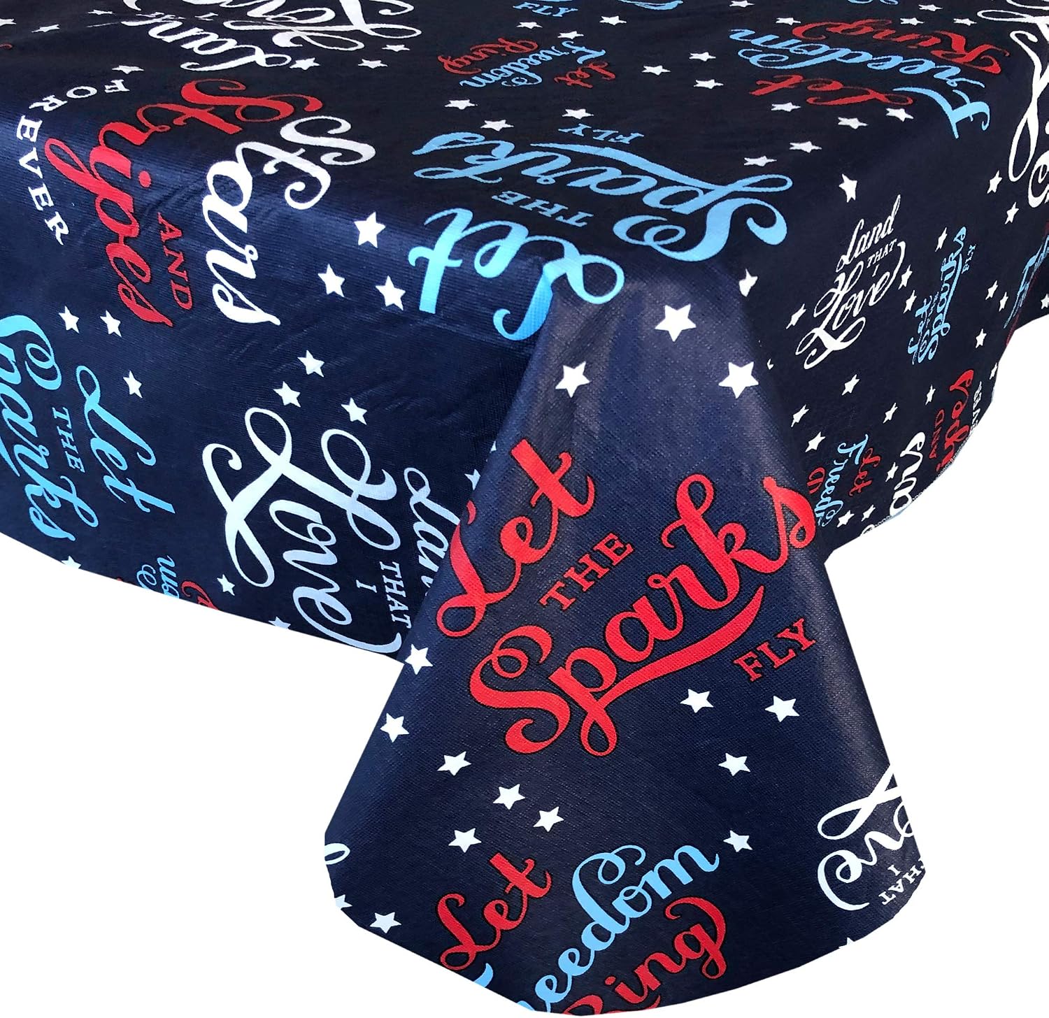 Home Bargains Plus USA Land of The Free Print Vinyl Flannel Backed Tablecloth - Red, White and Blue Patriotic Indoor/Outdoor Tablecloth for Patio and Kitchen Dining - 52” x 90” Oblong/Rectangle