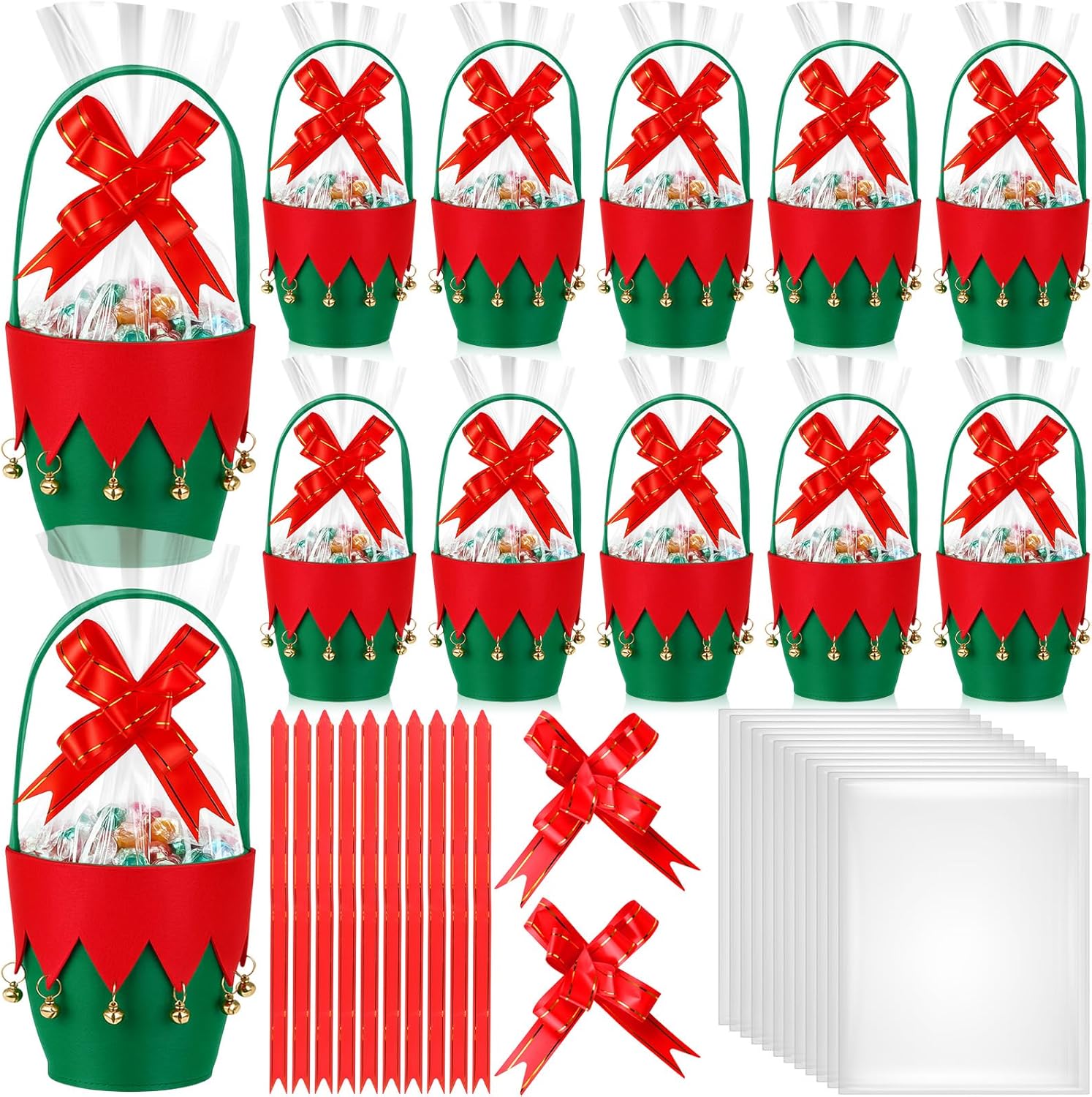 12 Pcs Christmas Felt Buckets for Gift, Small Christmas Basket Empty with Handle Pull Bow Candy Bag, 3.1 x 4.7 Inch Pails Treats Storage Decorations for Xmas Party Supplies Gift Packaging