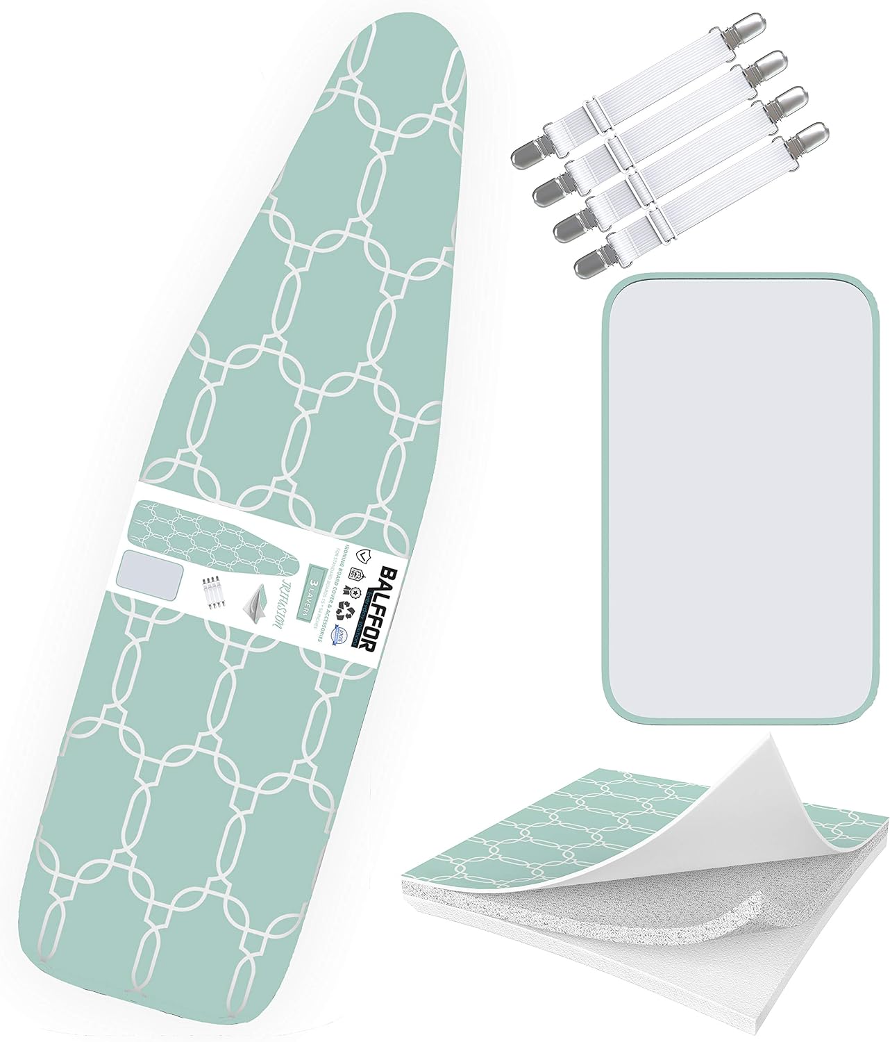 Balffor Ironing Board Cover and Pad Standard Size - Iron Board Cover with Bonus Adjustable Fasteners and Protective Mesh (Green, 15" X 54")