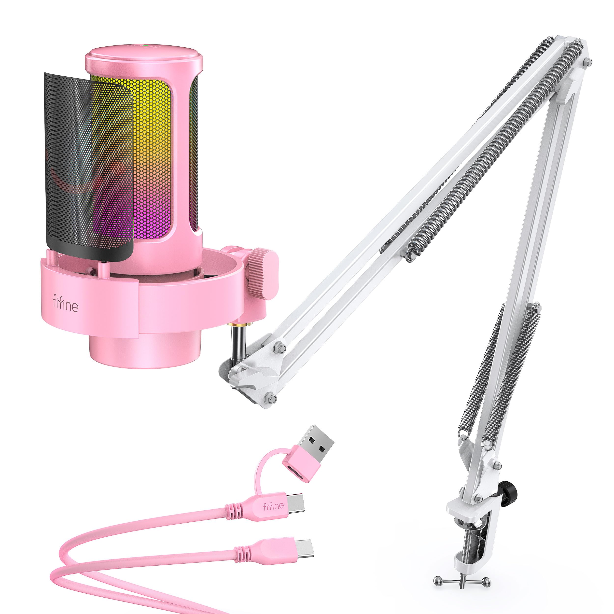 FIFINE A8T Pink USB Condenser Gaming Microphone, RGB Boom Arm Mic for PC