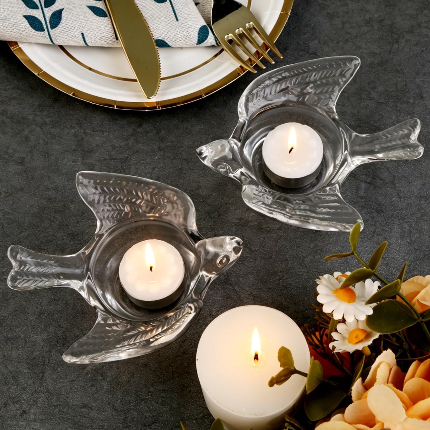 Glass Candle Holder, Transparent Glass Tea Light Base with Creative Bird Design, Decorative Home Ornament (Clear - 4pcs)