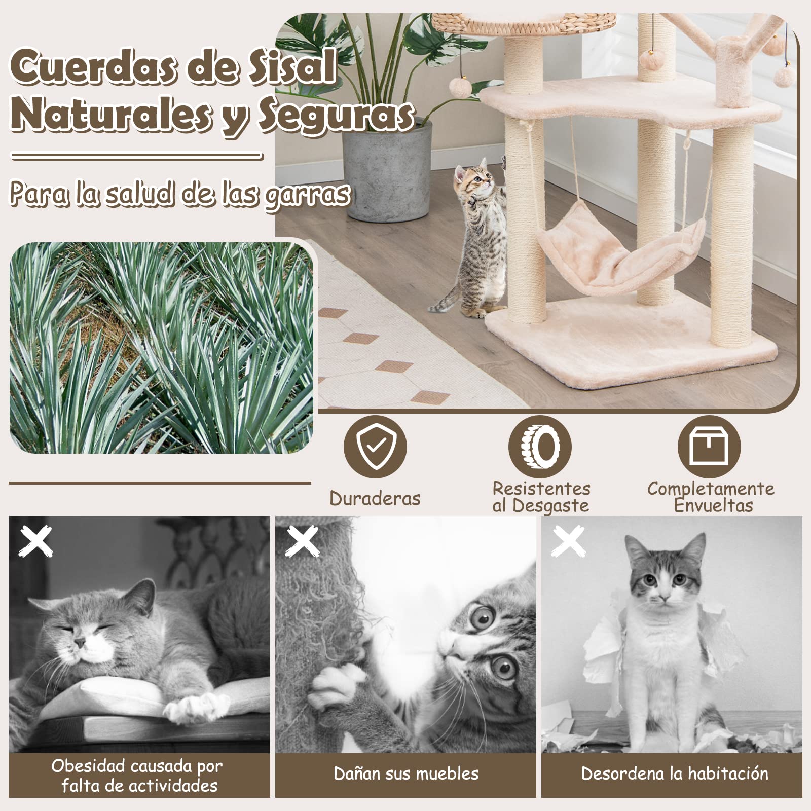 COSTWAY Torre Rascador para Gatos de 121 cm, Centro de Actividades para Gatitos con Condo, Cama, Hamaca, Bolas Colgantes, Postes para Rascar de Sisal, Cojines Suaves, Árbol Rascador Gatos, Beige