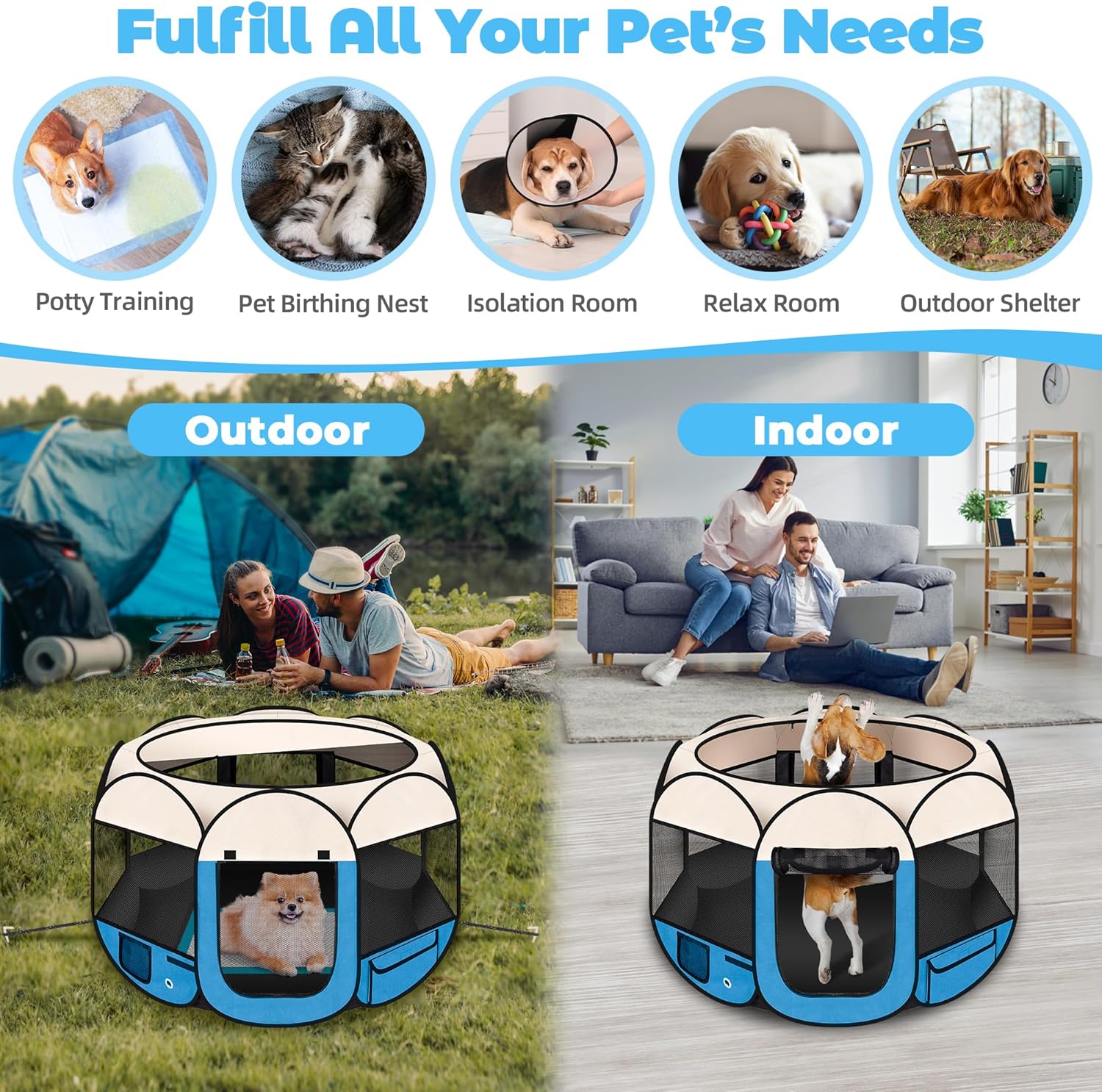 Dog Playpen 36", HOMAGICO Pet Playpen for Indoor Cats Enclosed, Portable Dog Cage Outdoor Tent Crate with Carrying Case,Water-Resistant and Removable Shade Cover, Blue