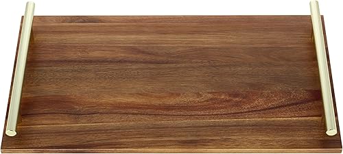 Miniatura 5 de Creekview Home Emporium Bandeja de madera de acacia con asas en oro, bandeja rectangular de madera rústica de 8 x 15 pulgadas