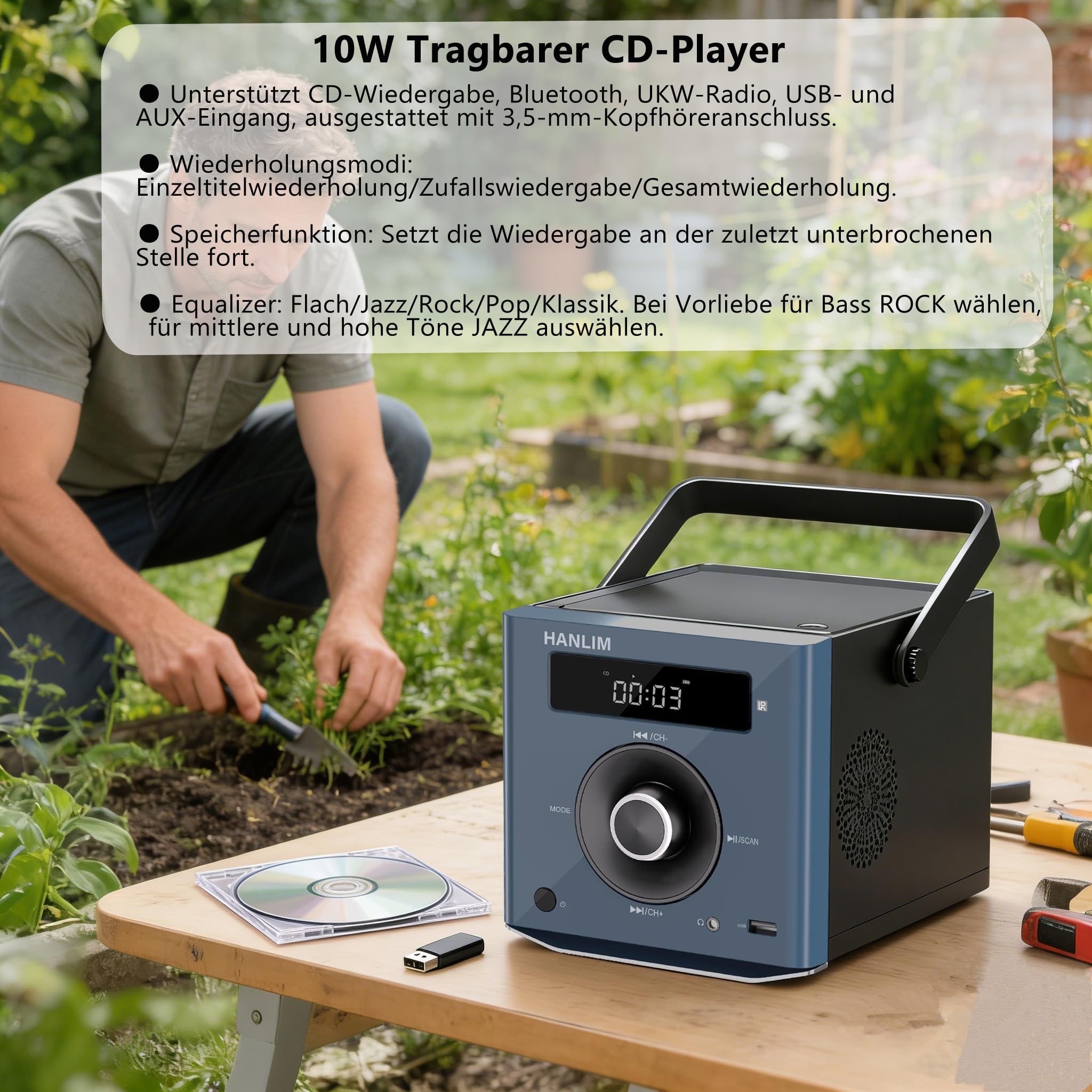 Reproductor de CD portátil 10W compatible con Bluetooth/Radio FM/Reproducción de MP3/Entrada USB/AUX/Jack para auriculares/Mando a distancia, batería integrada de 2000 mAh, Reproductor de CD estéreo