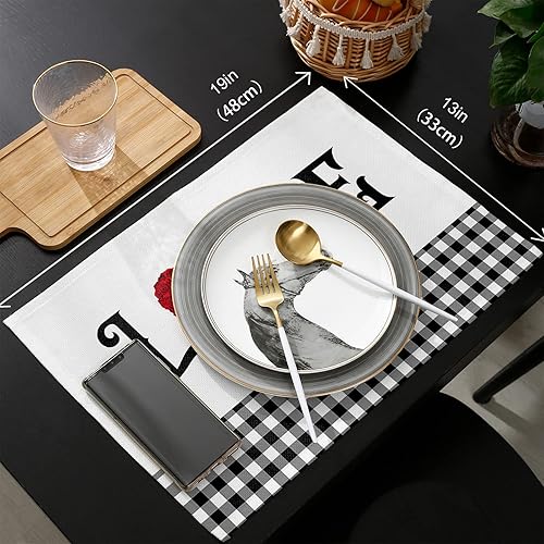 Miniatura 6 de Mantel individual de San Valentín con camino de mesa a juego de arpillera de lino y algodón 6 manteles individuales  camino de 13 x 90 pulgadas para