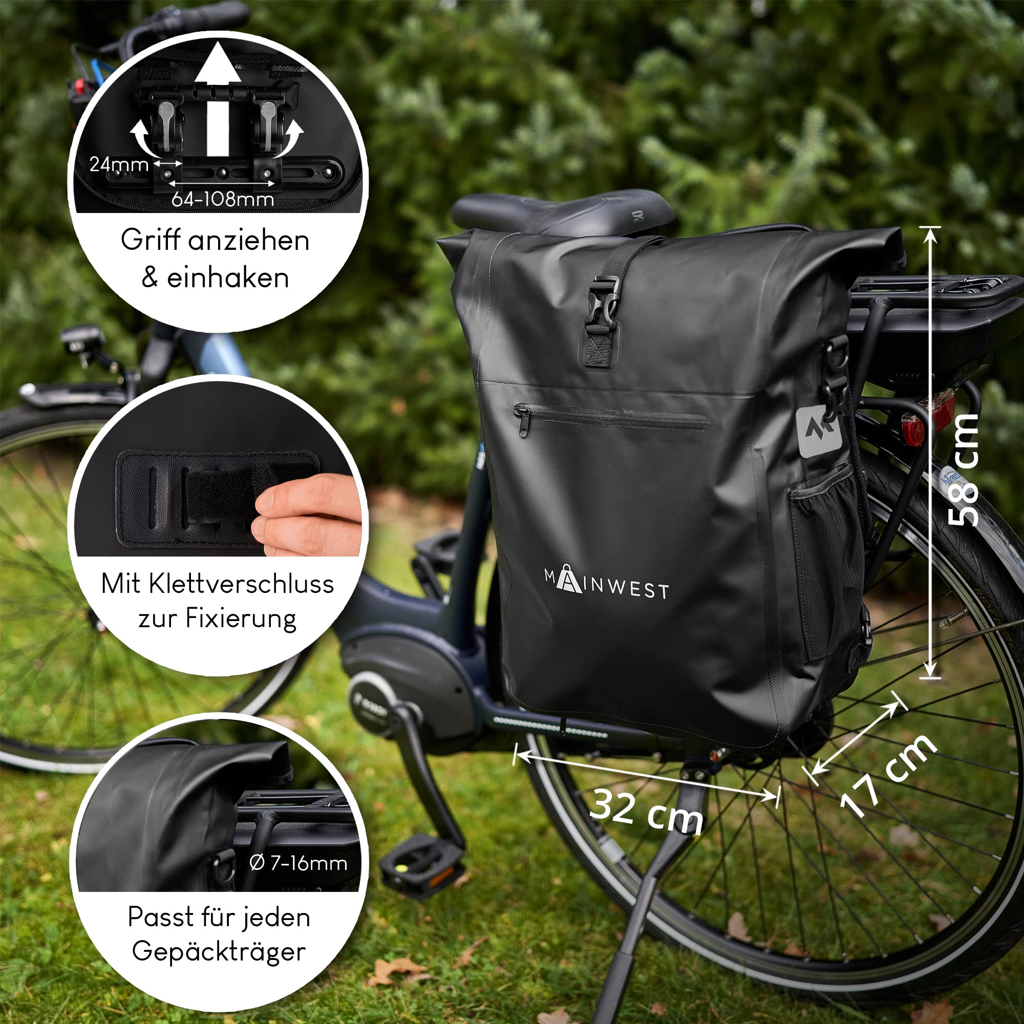 MAINWEST 3 in 1 bicycle bag for 27 L luggage rack with integrated helmet net, shoulder bag, waterproof bag for laptop up to 17 inches Sports & Outdoors
