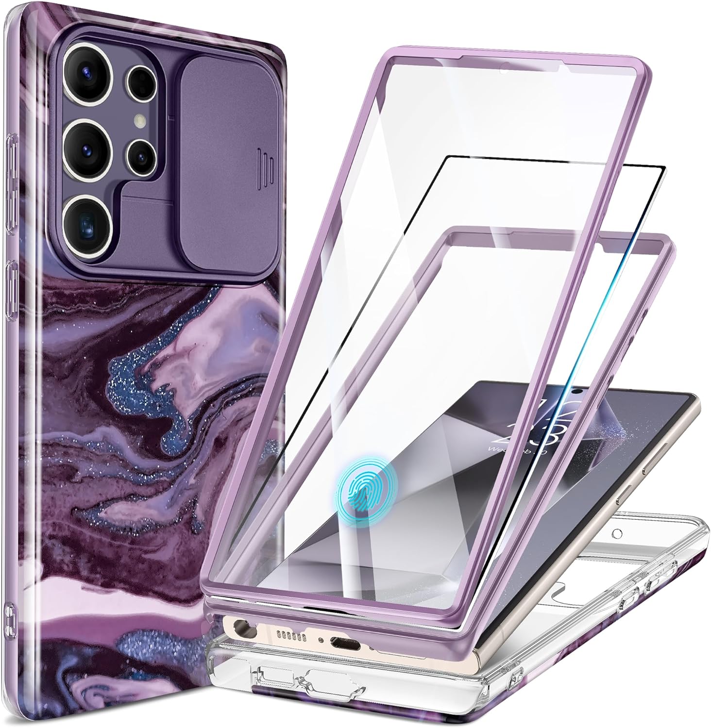 gviewin for samsung galaxy s24 ultra case, [slide camera cover & built-in screen protector] [2 front frame] military grade shockproof marble phone case for s24 ultra 6.8" (quicksand/purple) a-quicksand/purple 2 front frames (1 with built-in screen protector)