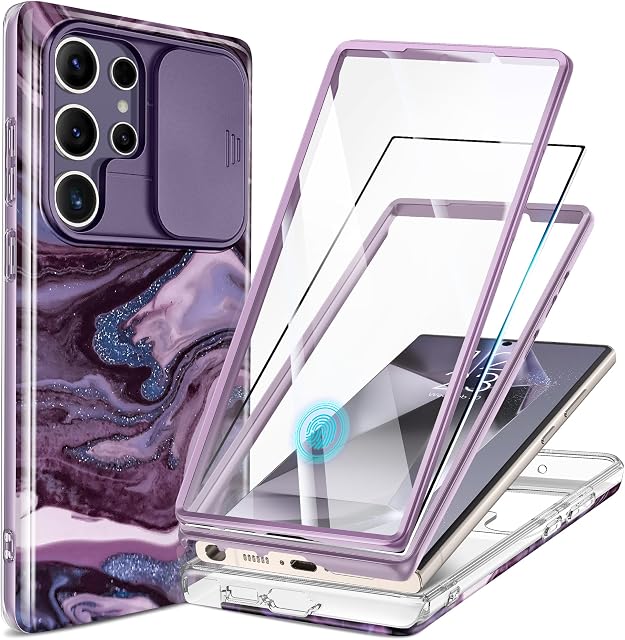 GVIEWIN Compatible with Samsung S24 Ultra Case Galaxy with Slide Camera Cover+Screen Protector,[2 Front Frames] 360° Armor Fullbody Shockproof Bumper Protective Marble Case 6.8",Quicksand/Purple