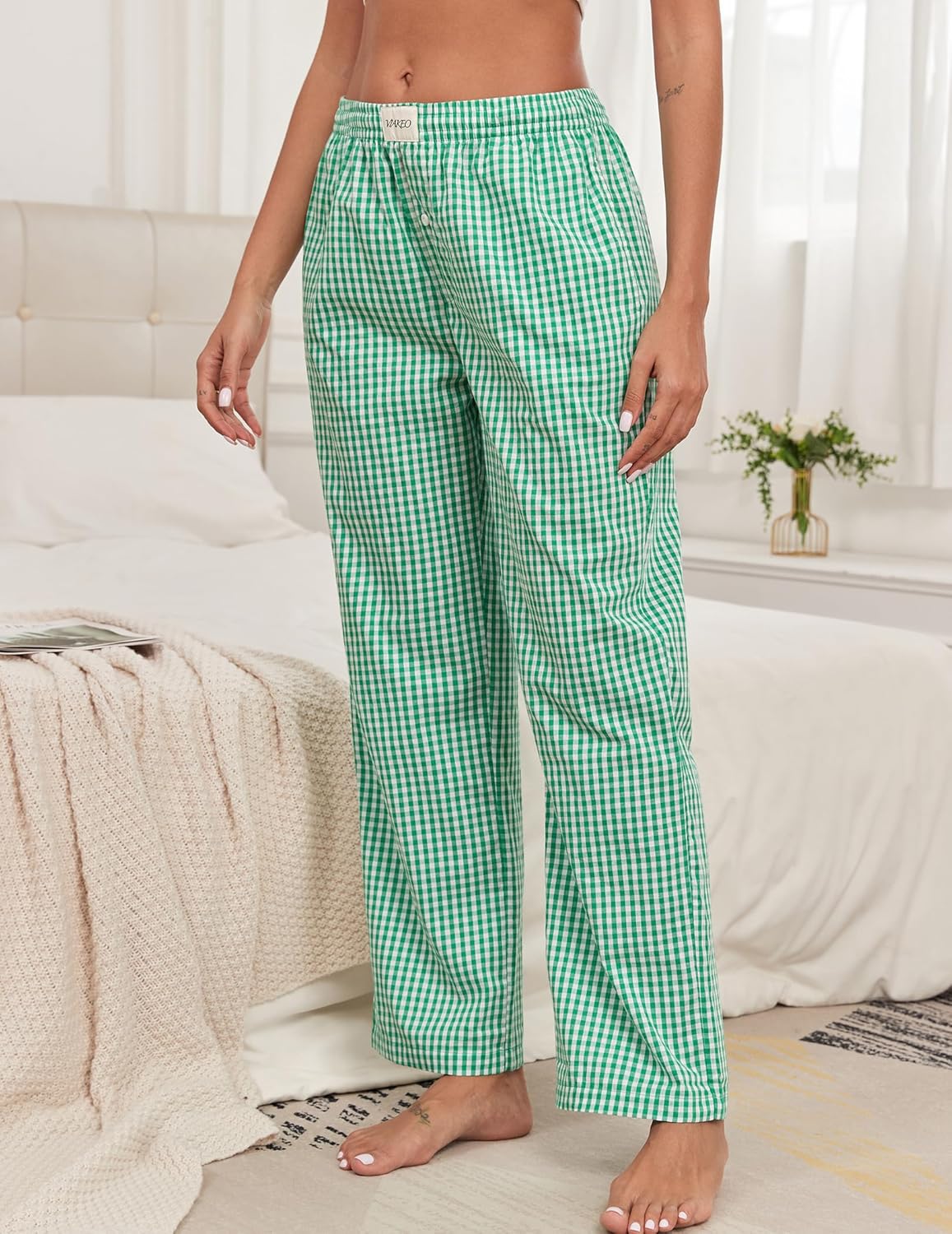 Womens Pajama Pants Cotton Plaid Lounge Pants Y2K Pj Bottoms Drawstring Sleepwear With Pockets S-3XL - Image 3