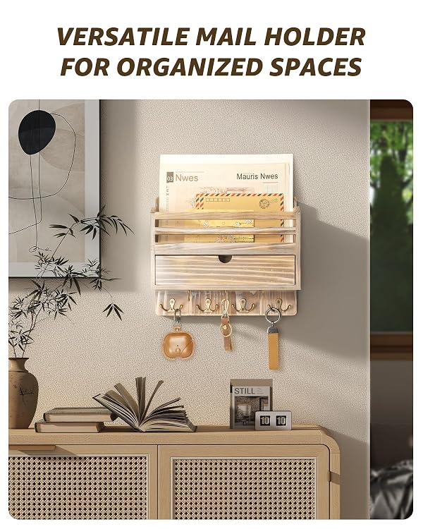 Rebee Vision Farmhouse Mail Organizer Wall Mount – Decorative Key and Mail Holder for Wall with Drawer Organizer and 7 Key Hooks – Apartment Essentials for Home Decor (Natural Wood) by Rebee Vision - Image 4