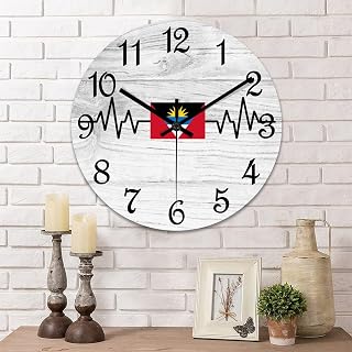 Antigua and Barbuda Flag Heartbeat 12 Inch Silent Vintage Round Wall Clock Non Ticking Quartz Battery Operated, Antigua and Barbuda Rustic Chic Style PVC Round Home Decor Wall Clock