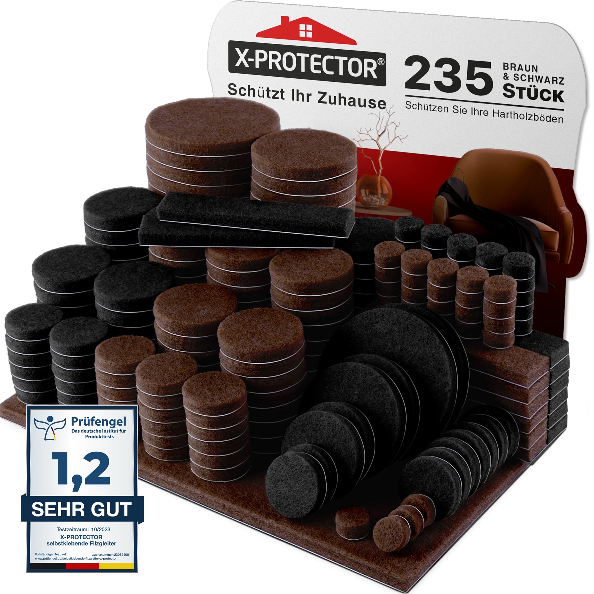 X-Protector Filzgleiter 235 Stück - Möbelgleiter Braun & Schwarz - Dicker Filz Selbstklebend - Bodenschoner für Stühle - Große Menge an Filzgleiter Selbstklebend - Schützen Sie Ihre Holzfußböden