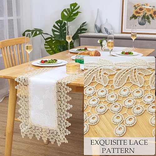 Miniatura 3 de Camino de mesa rectangular de encaje beige premium estilo granja, impermeable, a prueba de aceite, a prueba de derrames, antiencogimiento, suave,