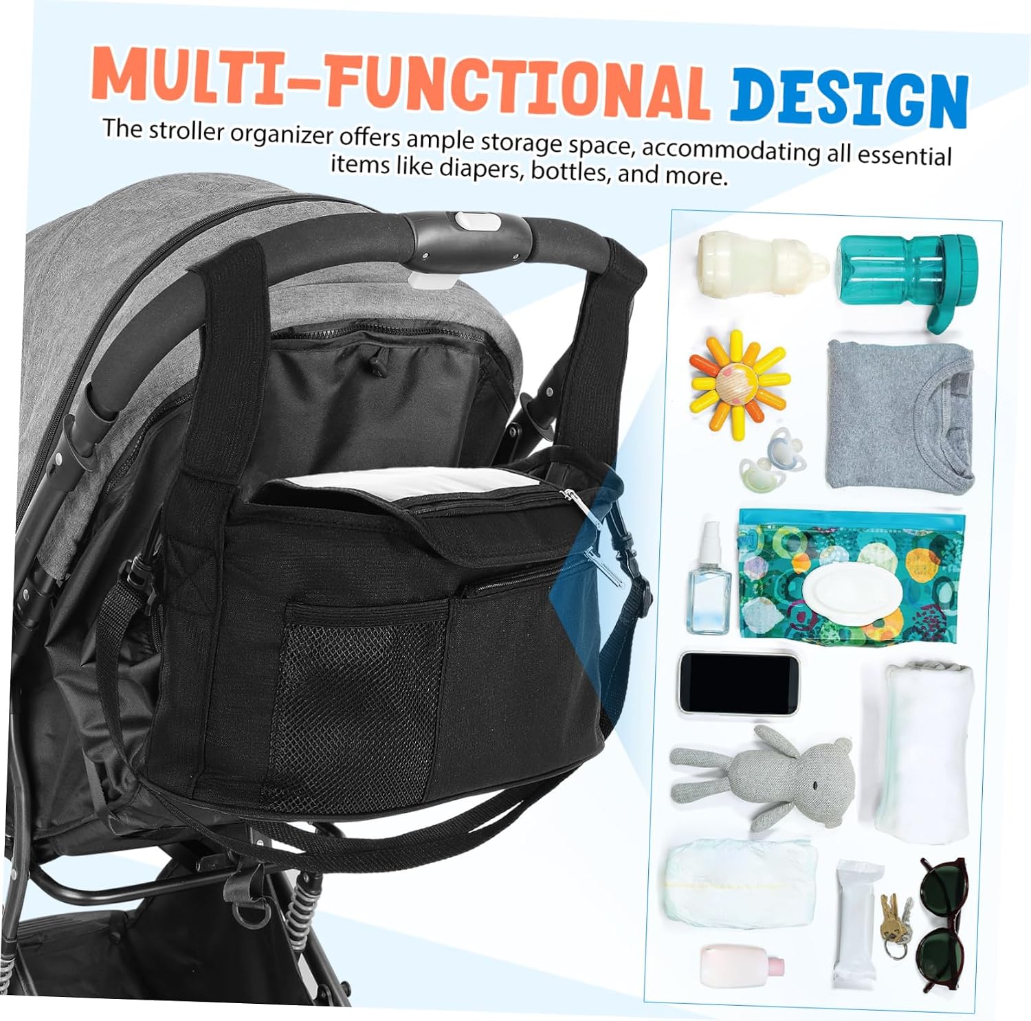 Universal Baby Stroller Organizer Cup Holder Stroller Caddy for Parents Sturdy Fabric Storage Bag for Diaper Toys and Accessories for Travel and Daily Use