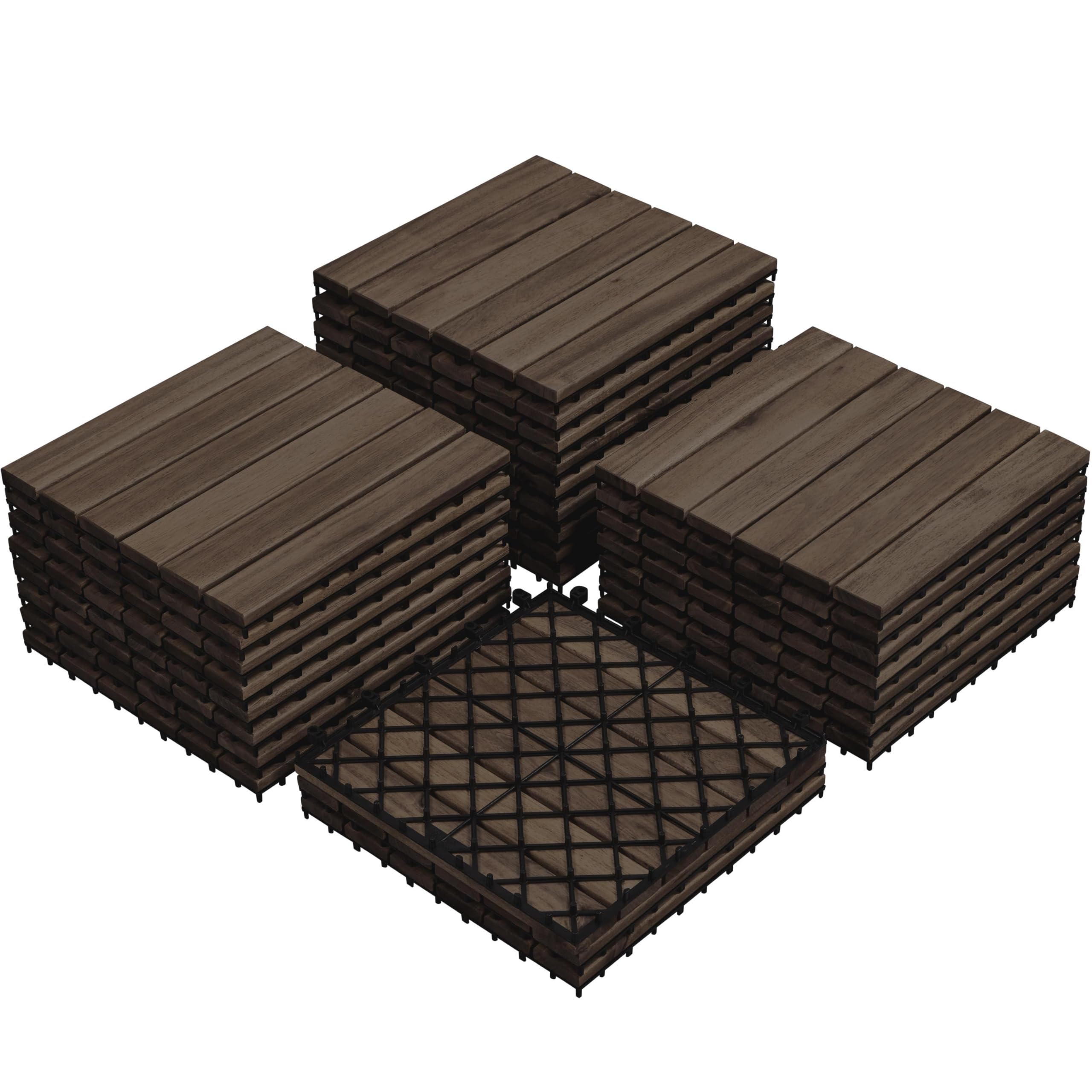 Yaheetech 1 Pack Waterproof Acacia Wood Interlocking Decking Tiles Flooring Tiles 31×31cm for Outdoor & Indoor, Patio, Balcony, Garden, Total 27pcs, Black