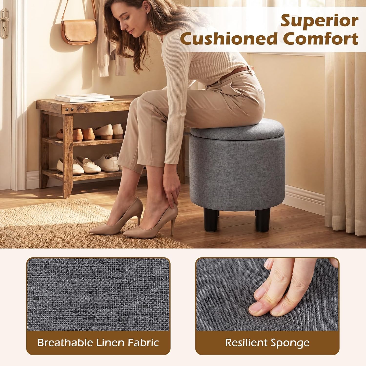 Giantex Round Ottoman with Storage, Linen Fabric Upholstered Ottoman Foot Stool with Removable Lid & Sturdy Legs, Small Foot Rest for Living Room, Bedroom (Gray)
