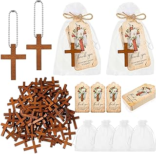Tradder 100 Set Funeral Favors Set with 100 Wooden Cross Keychain, Funeral Thank You