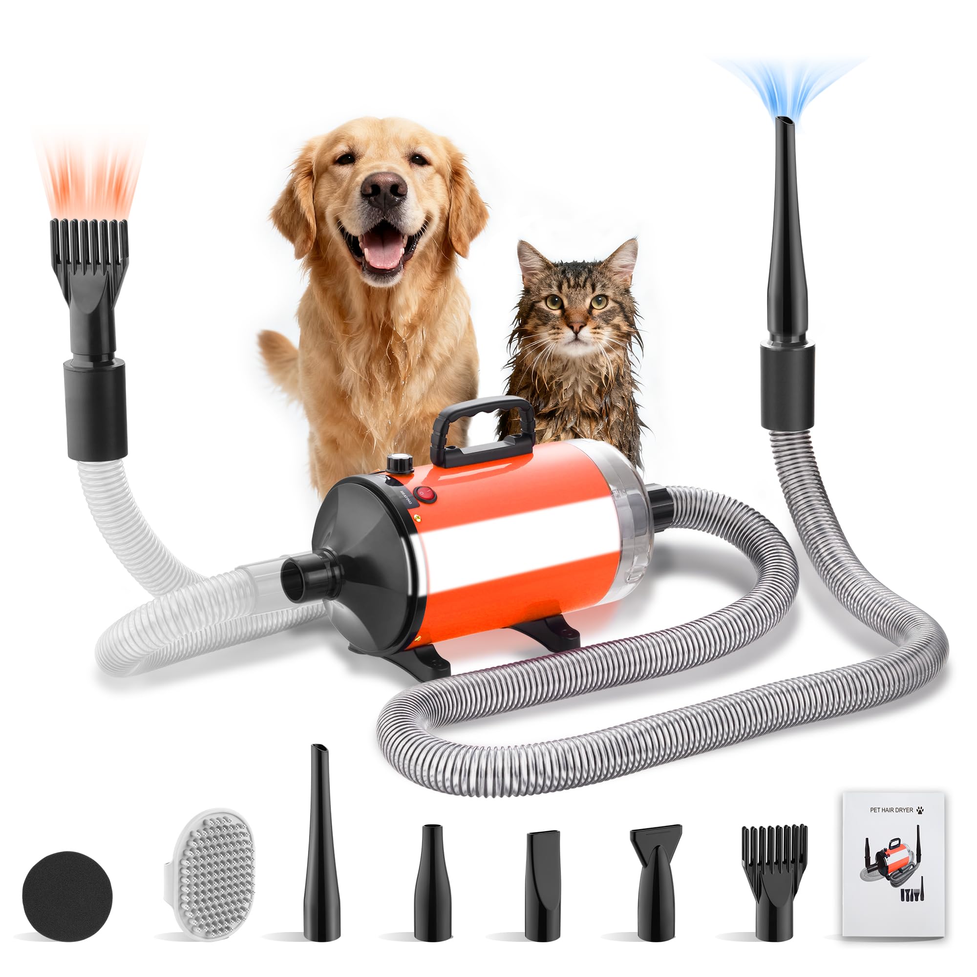 DEWINNER 2 in 1 Asciugacapelli Professionale per Cane, Blower 3200 W con Aspirapolvere, Velocità e Temperatura Regolabili, Silenzioso, 5 Ugelli, Tubo Elastico + Spazzola