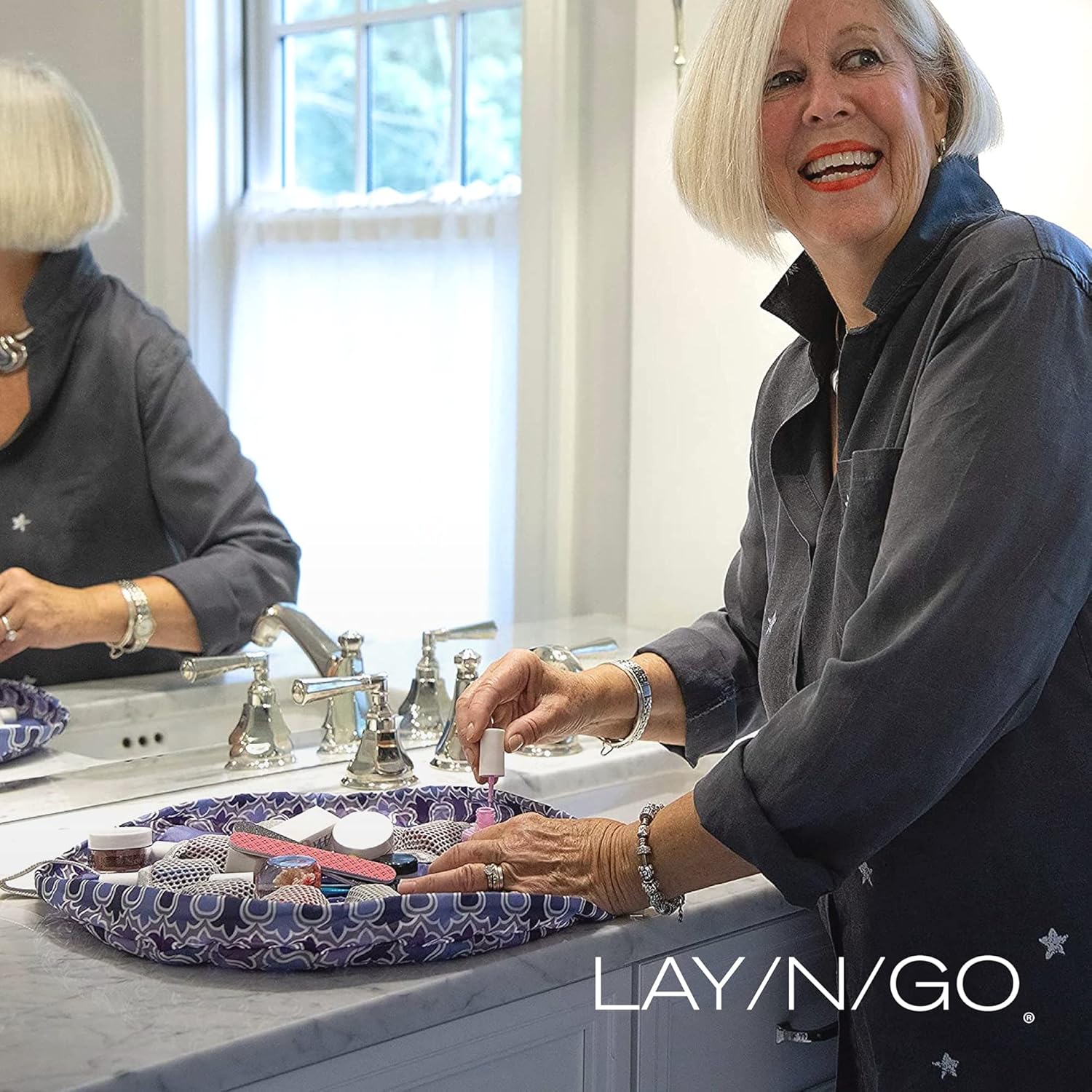 Lay-n-Go Nail Spa Drawstring Cosmetic Acrylic Nail Polish Holder, Organizer & Toiletry Bag for Travel, and Daily Use with a Durable Patented Design, 18 inch, Pretty In Paisley (Pink Pattern) : Clothing, Shoes & Jewelry