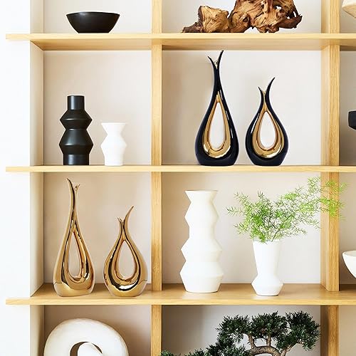 Miniatura 4 de Juego de 2 jarrones dorados de cerámica para decoración del hogar, juego de 2 jarrones de mediados de siglo para centros de mesa, jarrones de flores