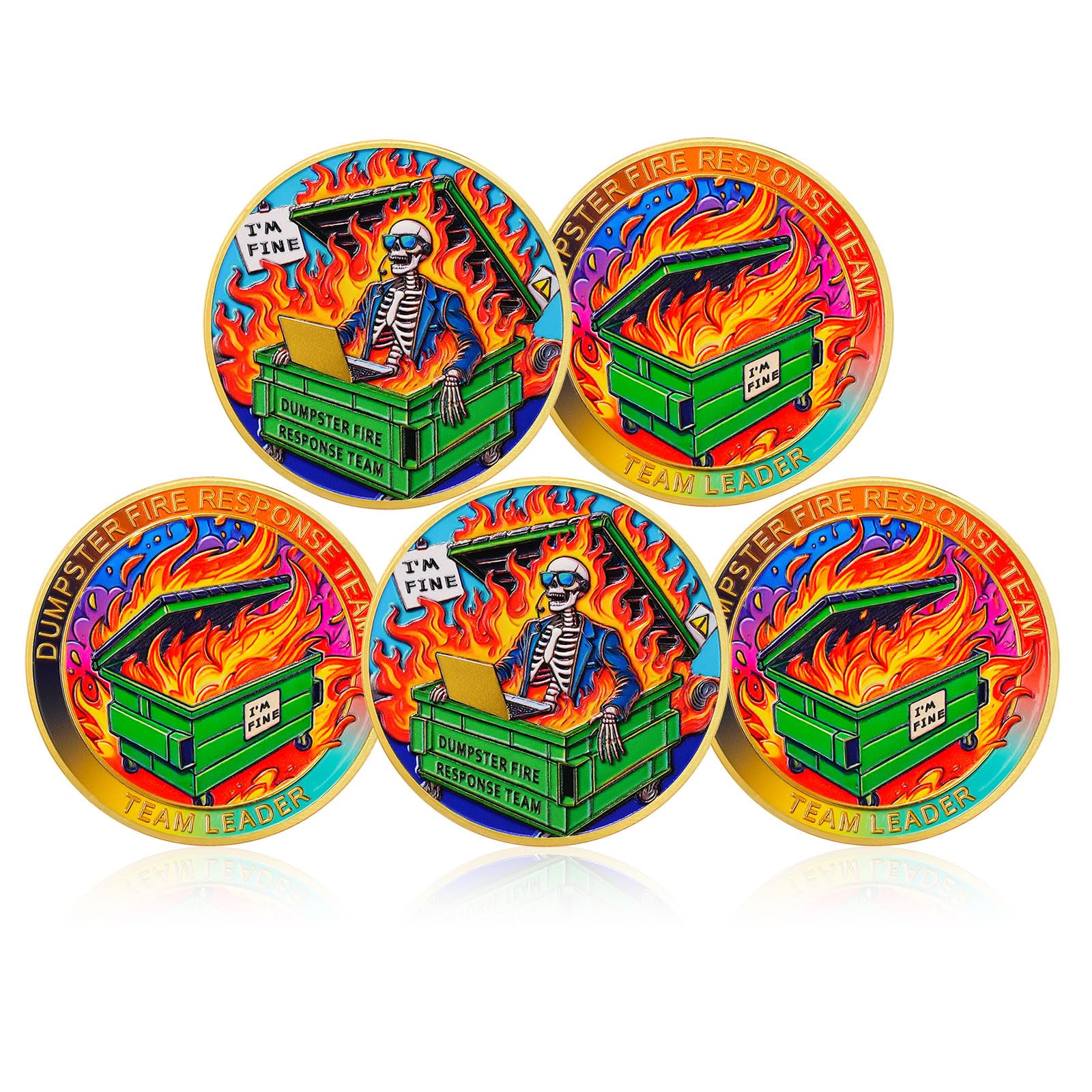 CHURYUML 5Pcs Dumpster Fire Response Team Coin Set - Hilarious I'm Fine Dumpster Fire Novelty Chip, Office Gifts for Coworkers Colleagues Employee