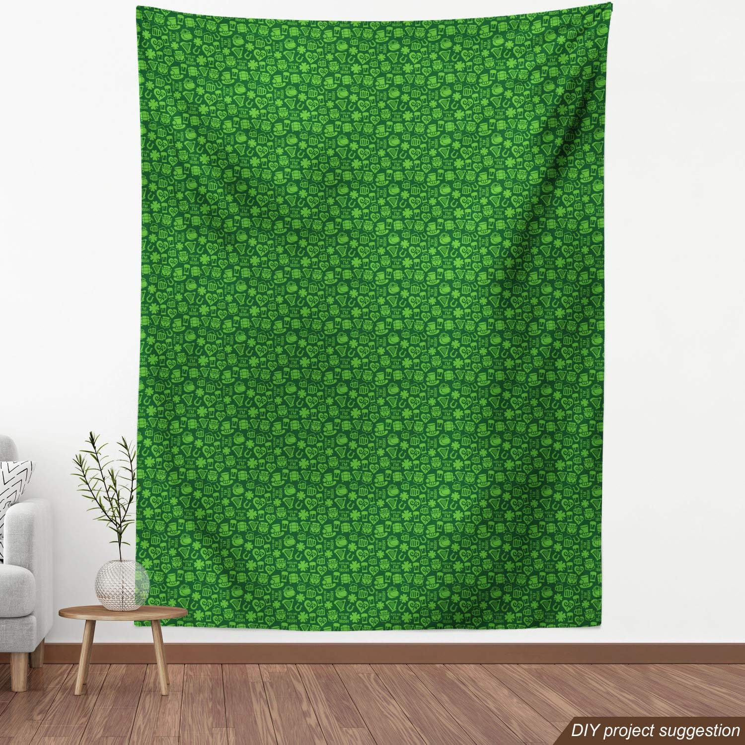 Ambesonne Irish Fabric by The Yard, Kiss Me I'm Irish Humorous Phrase with Ale Shamrocks Hats Traditional, Decorative Fabric for Upholstery and Home Accents, 3 Yards, Lime Green