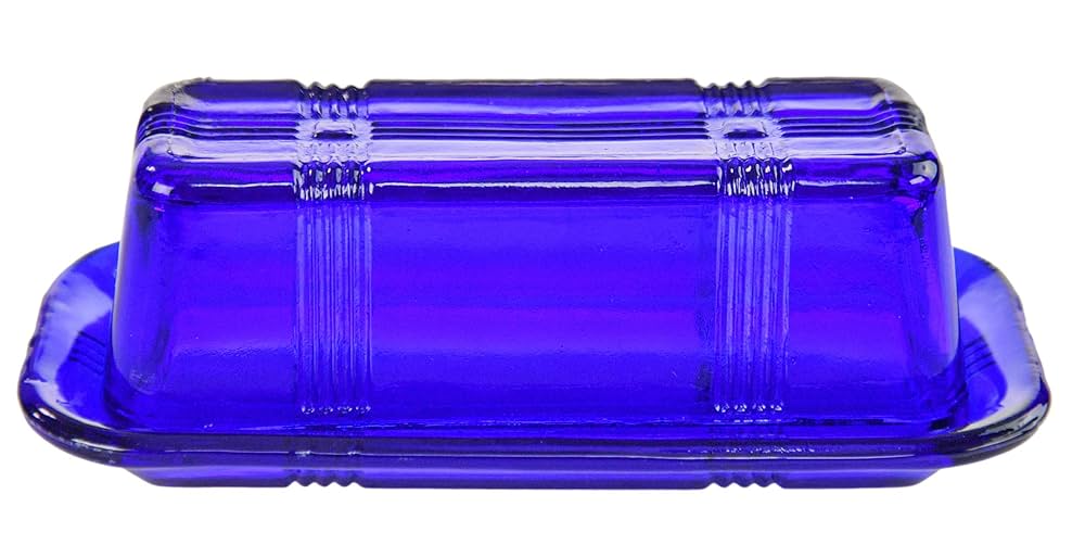 Home-X Vintage Style Glass Butter Dish with Lid - Blue, 6.75