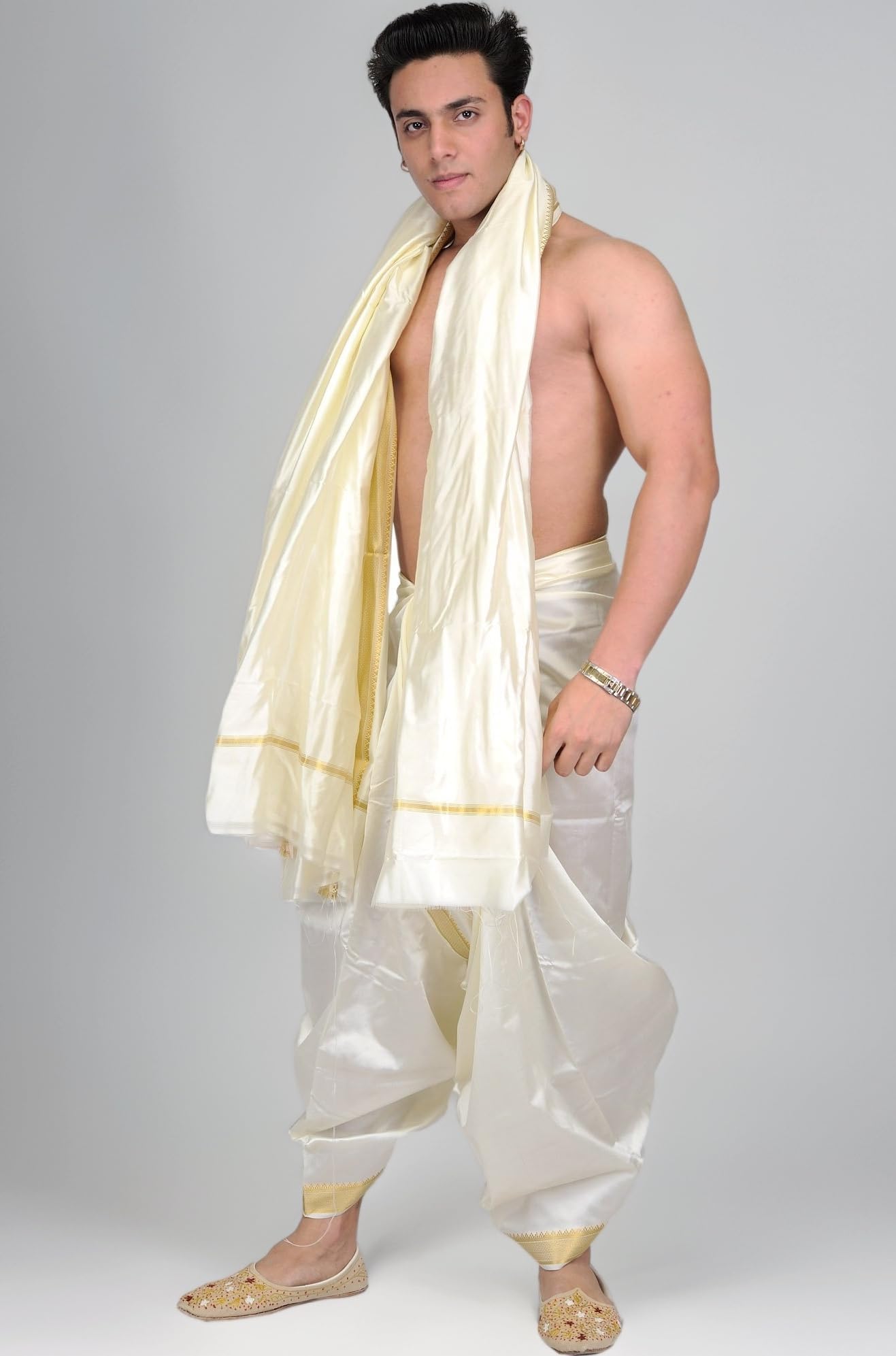 Exotic India Cream Dhoti and Angavastram with Golden Woven Border